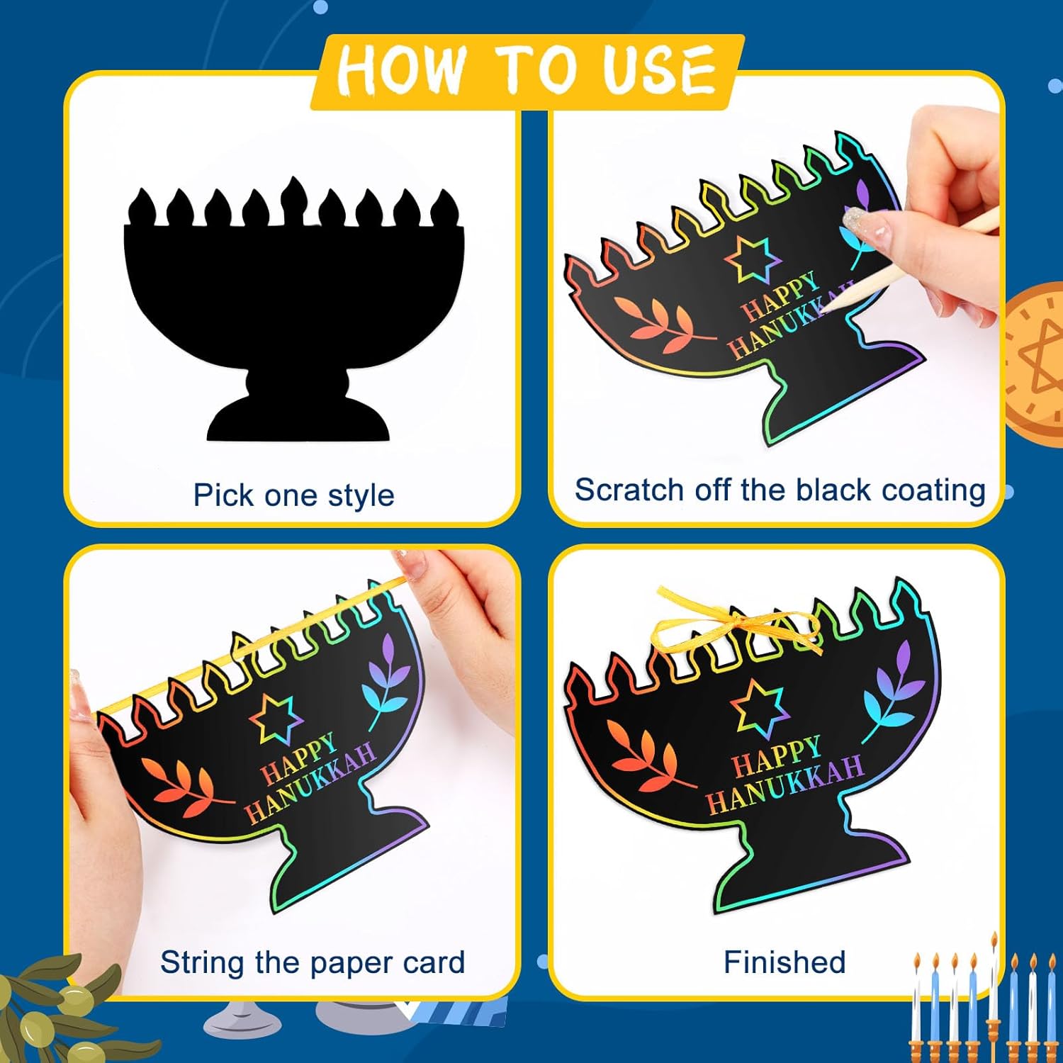 JULMELON Hanukkah Scratch Art, 36 piezas de kits de manualidades de Hanukkah para niños, arte mágico de rayar, adornos colgantes de Janucá, papel