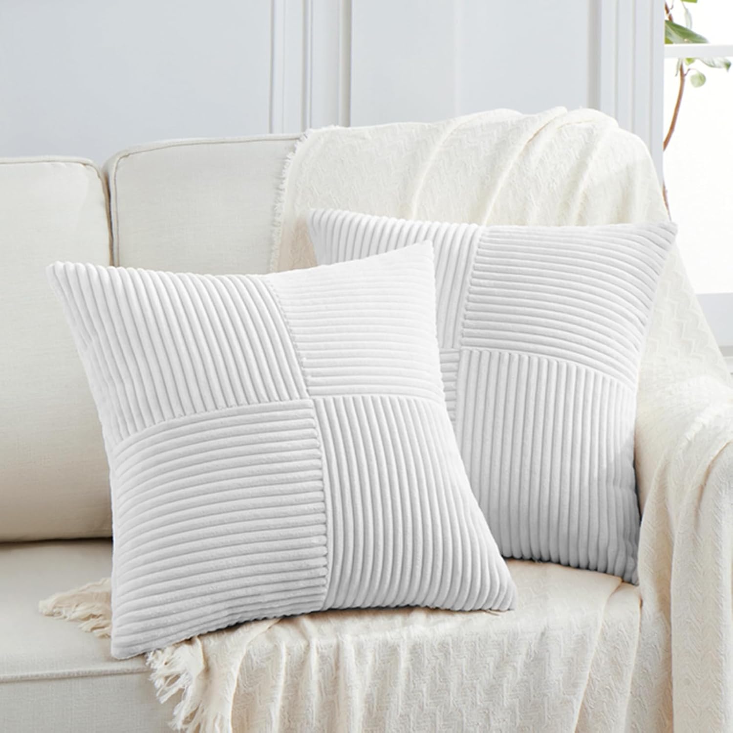 Fancy Homi Paquete de 2 fundas de almohada decorativas grandes de color blanco de 24 x 24 pulgadas para sala de estar, sofá cama, estilo rústico,
