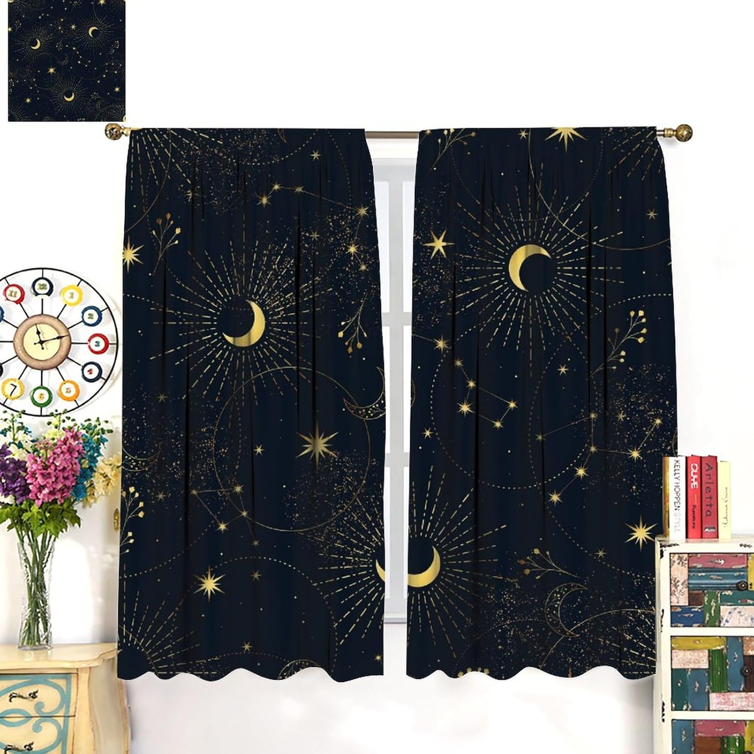 Cortinas opacas con diseño de estrellas y luna, diseño de cielo estrellado de dibujos animados, bohemio, con bolsillo para cortinero, tratamiento de