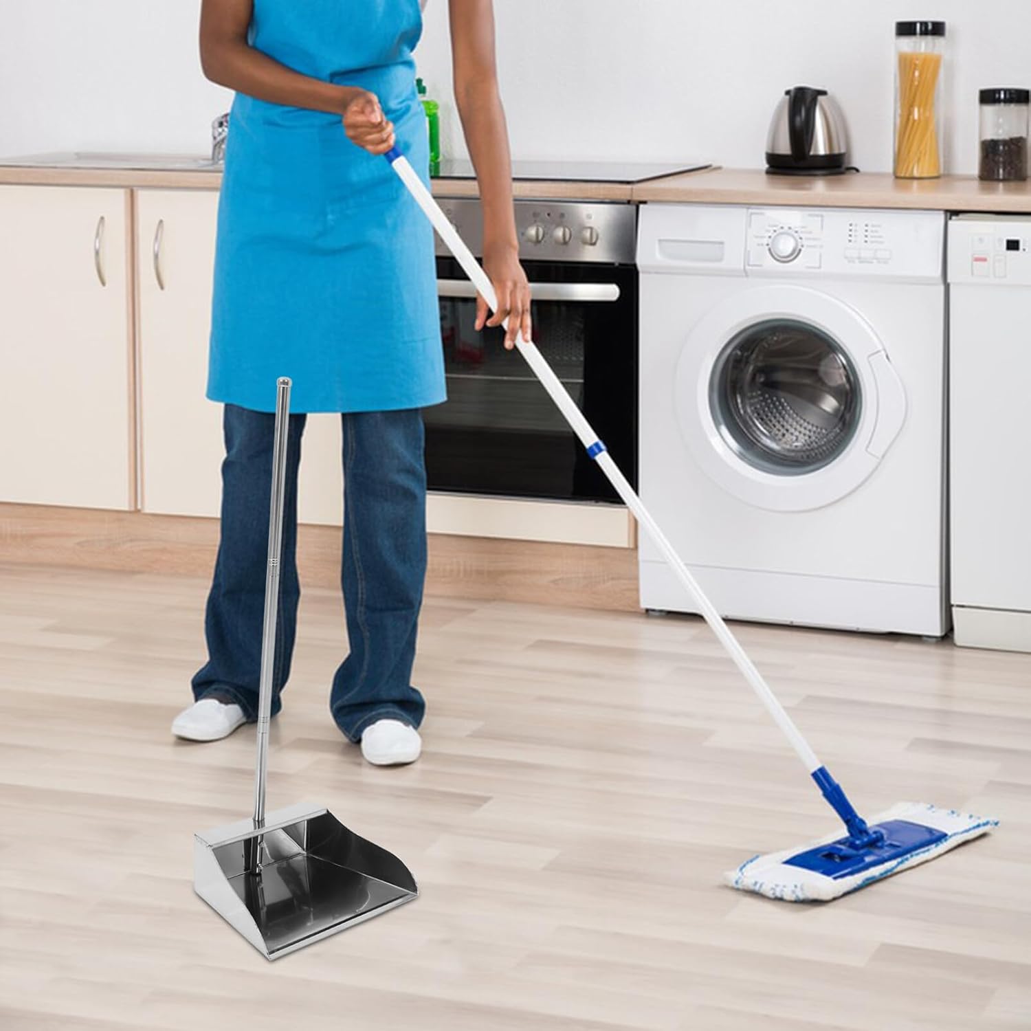 Recogedor de pie resistente con mango largo vertical para interiores y exteriores, suministros de limpieza para vestíbulo, garaje, hogar y patio,