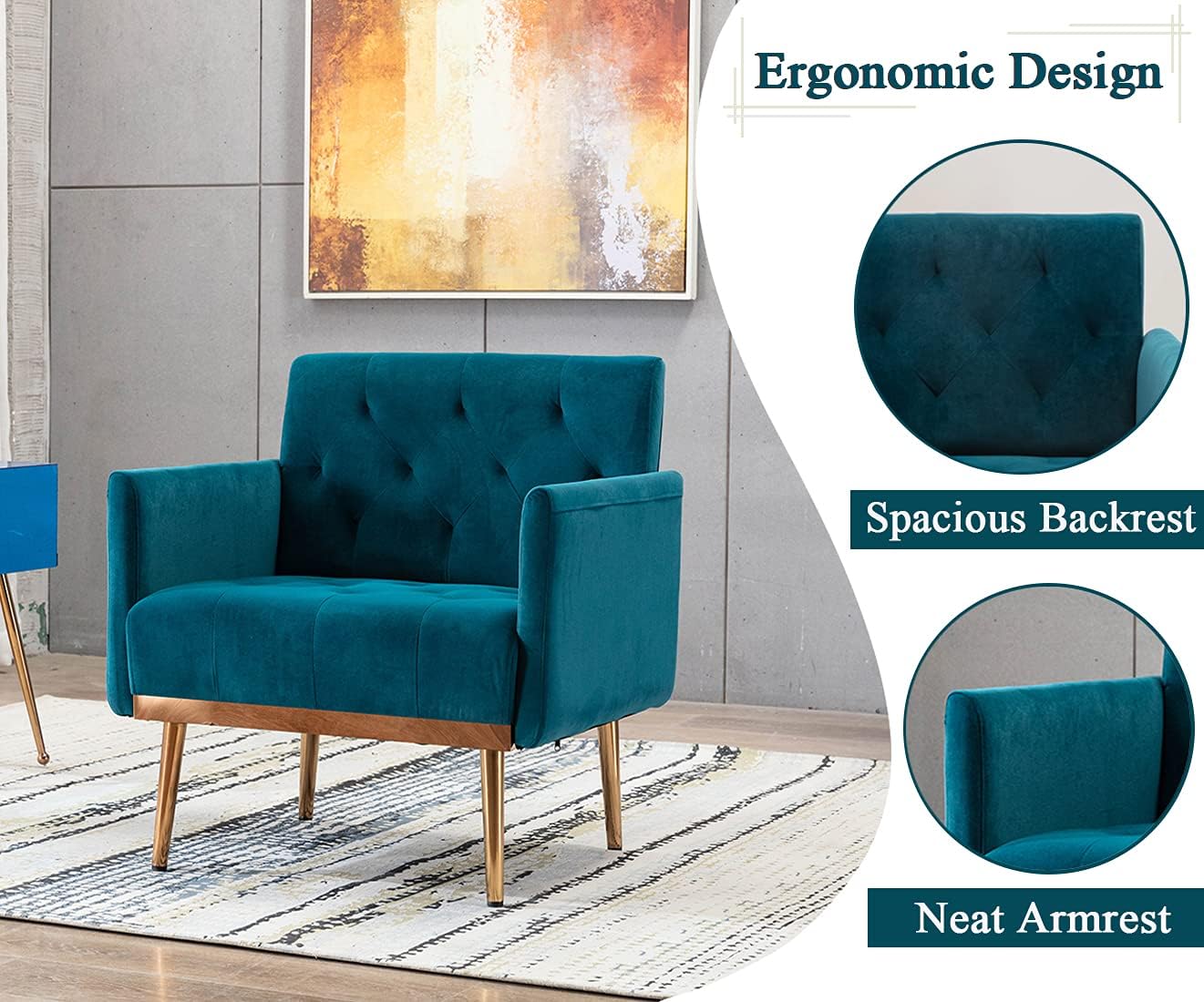 Silla sofá individual moderna de terciopelo, silla de decoración tapizada para la sala de estar, sillón cómodo con patas de metal dorado y rosa,