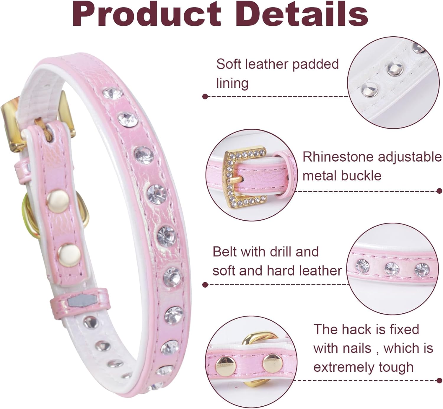 LOVPE Collar para perro de cuero brillante con diamantes de imitación tachonados, accesorio glamoroso de hebilla dorada para perros pequeños a