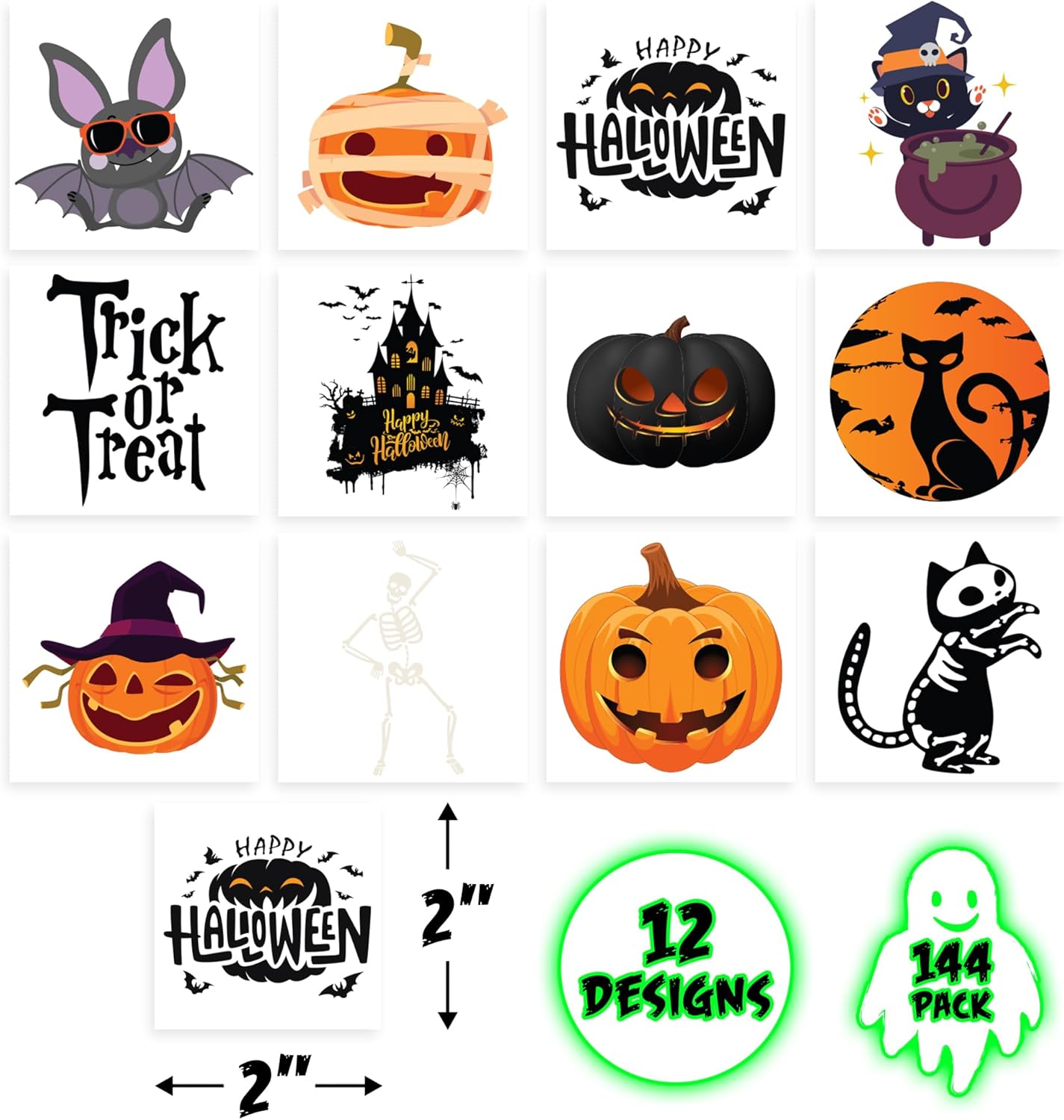 ArtCreativity Tatuajes temporales de Halloween que brillan en la oscuridad, juego de 144, tatuajes temporales para niños en 12 diseños