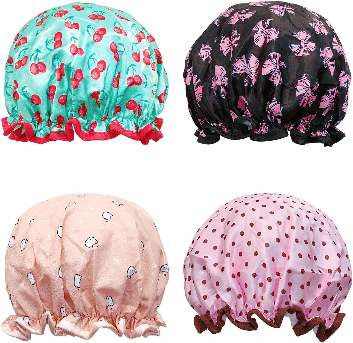 Wrapables Elegantes gorros de ducha impermeables de doble capa (juego de 4), puntos, cerezas y gatitos
