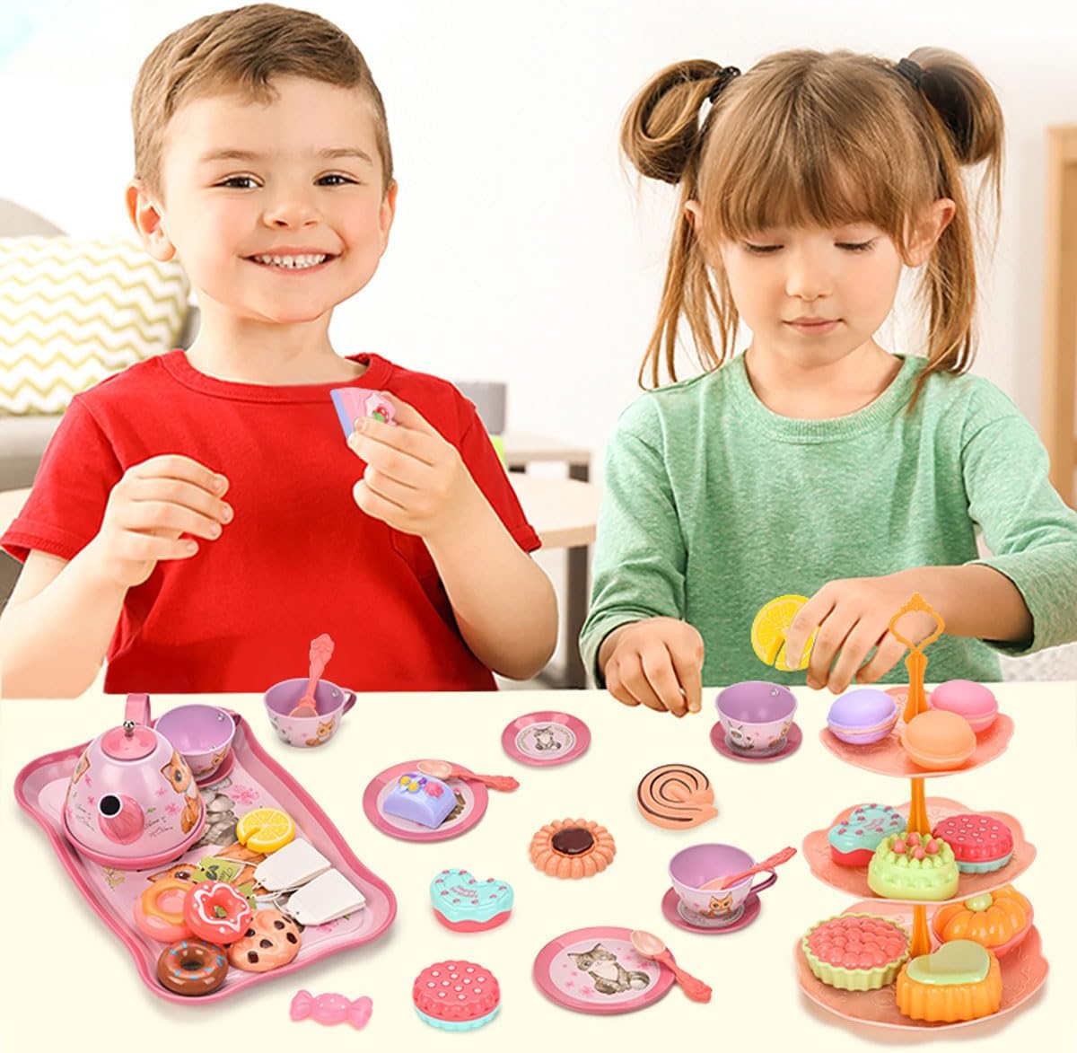 Flormoon Juego de té para niña, juego de té de princesa de 50 piezas, juguete de cocina de simulación, juguete de aprendizaje de formas y colores