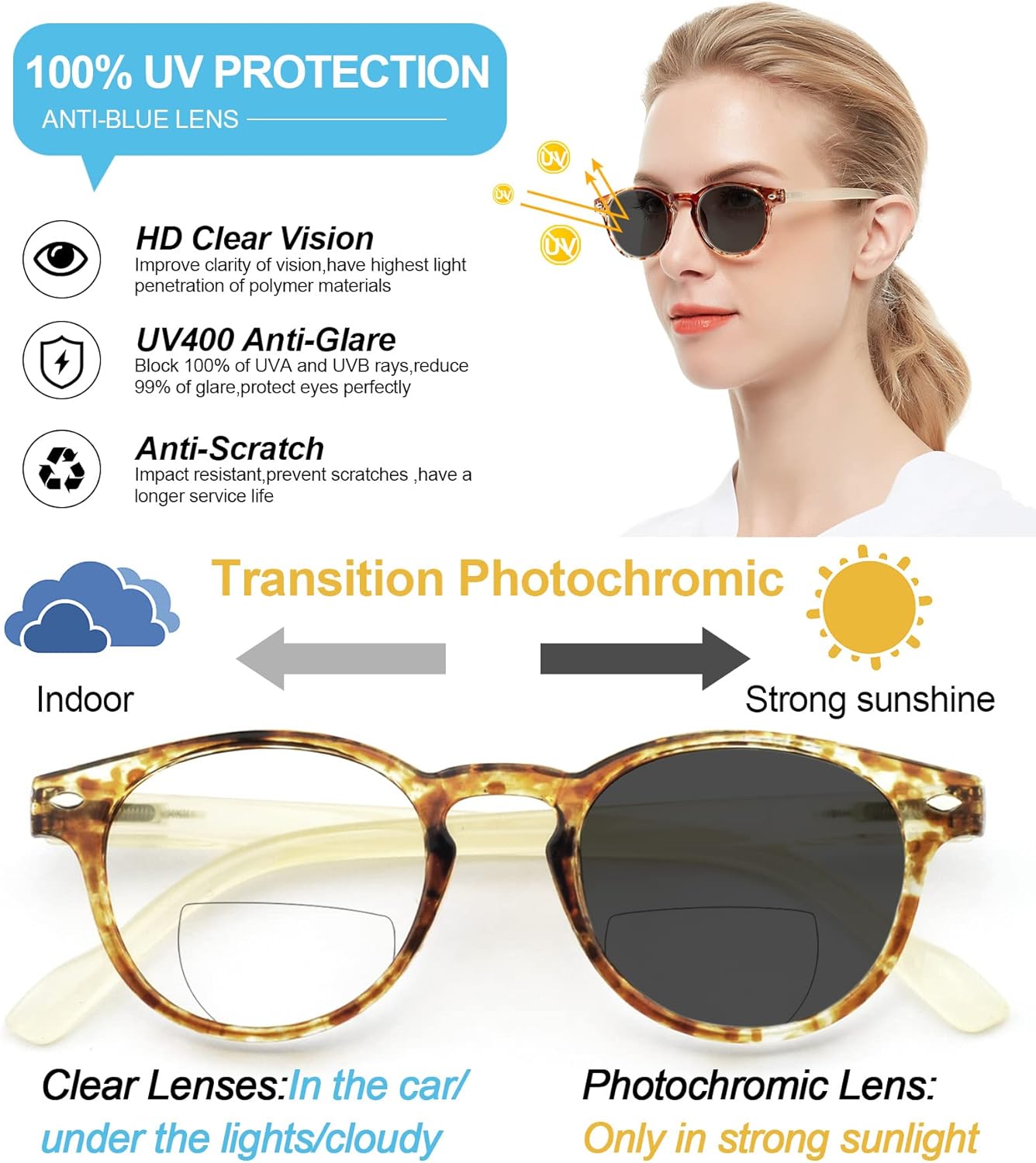 OCCI CHIARI Lentes de lectura bifocales fotocromáticos para mujer, lentes de sol redondos de transición con protección UV para lectores 1.0 1.5 2.0