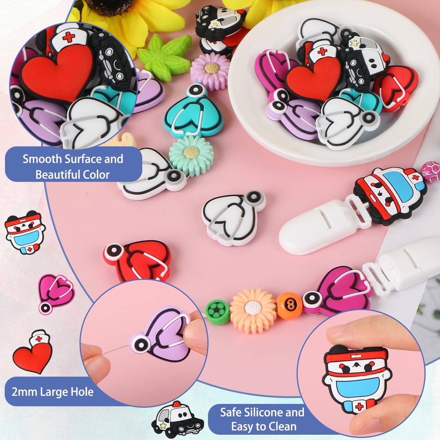 9 cuentas de silicona para estetoscopio de enfermera, cuentas focales de silicona con forma de corazón EVERMARKET para hacer llaveros, cuentas de