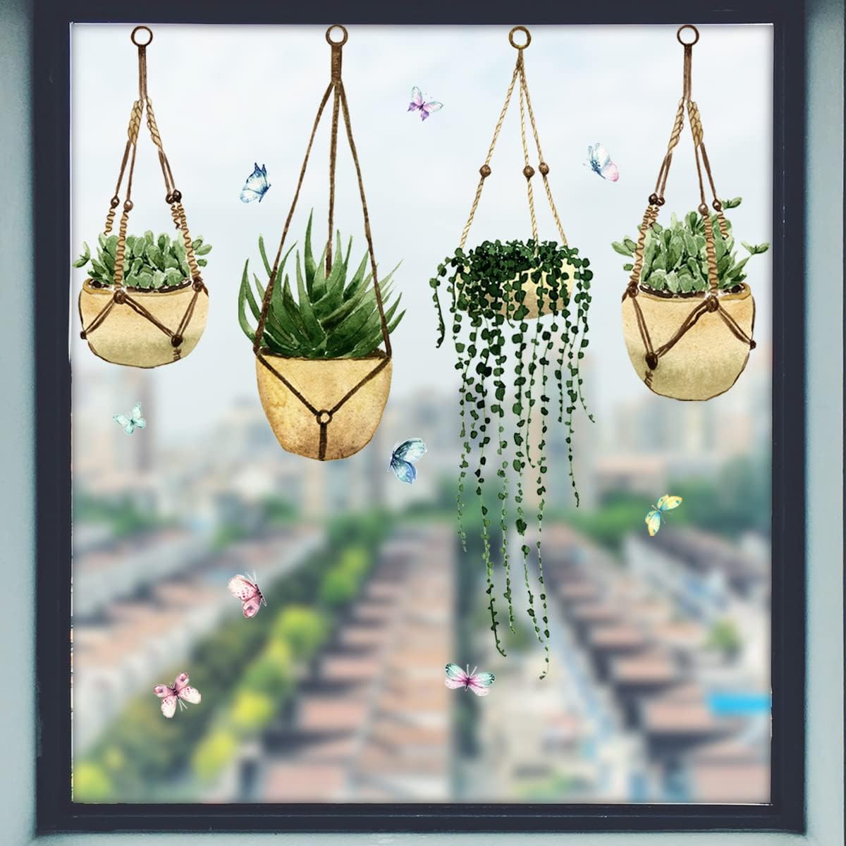 Calcomanías de pared para ventana de suculentas, PVC de doble cara para colgar plantas verdes, mariposas, anticolisión, removibles, calcomanías de