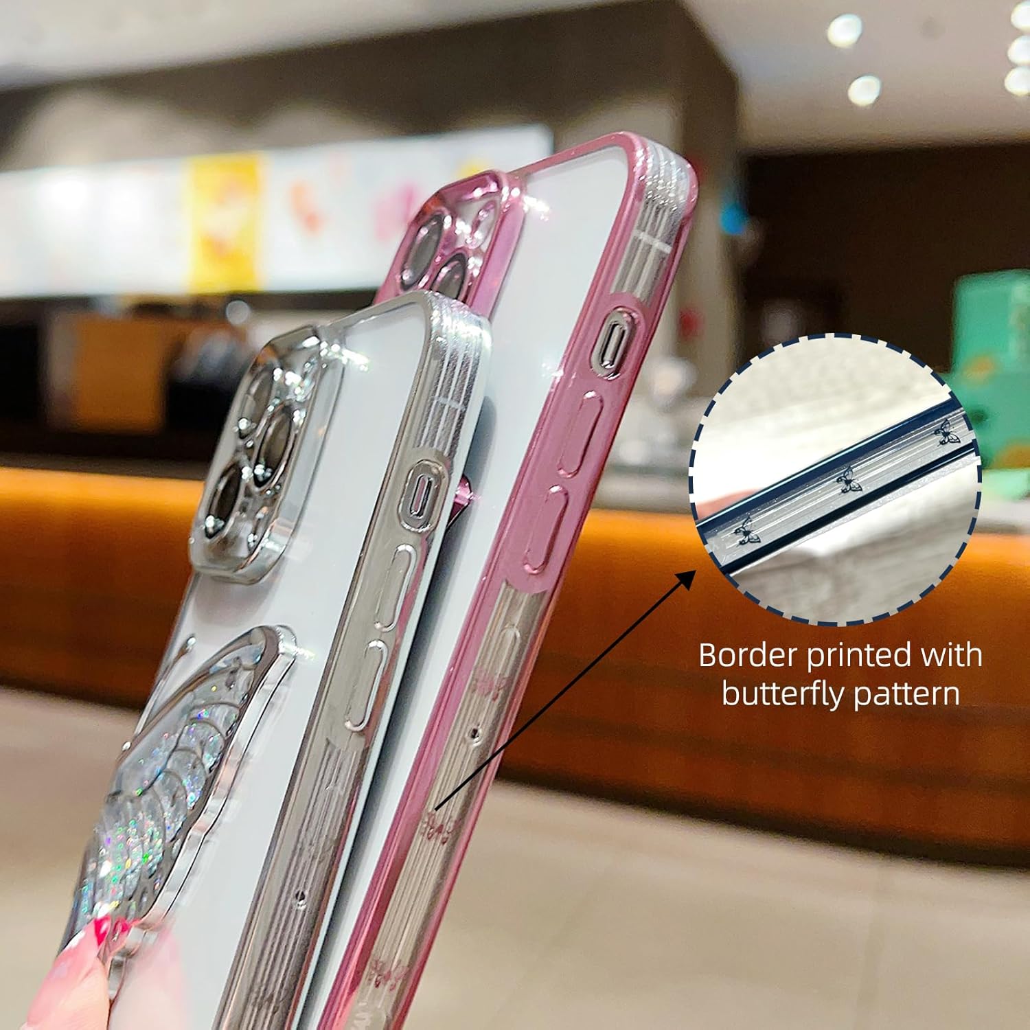 Ownest Funda compatible con iPhone 13 Pro Max con purpurina de lujo, diseño estético chapado en mariposa, protección de cámara, protección de