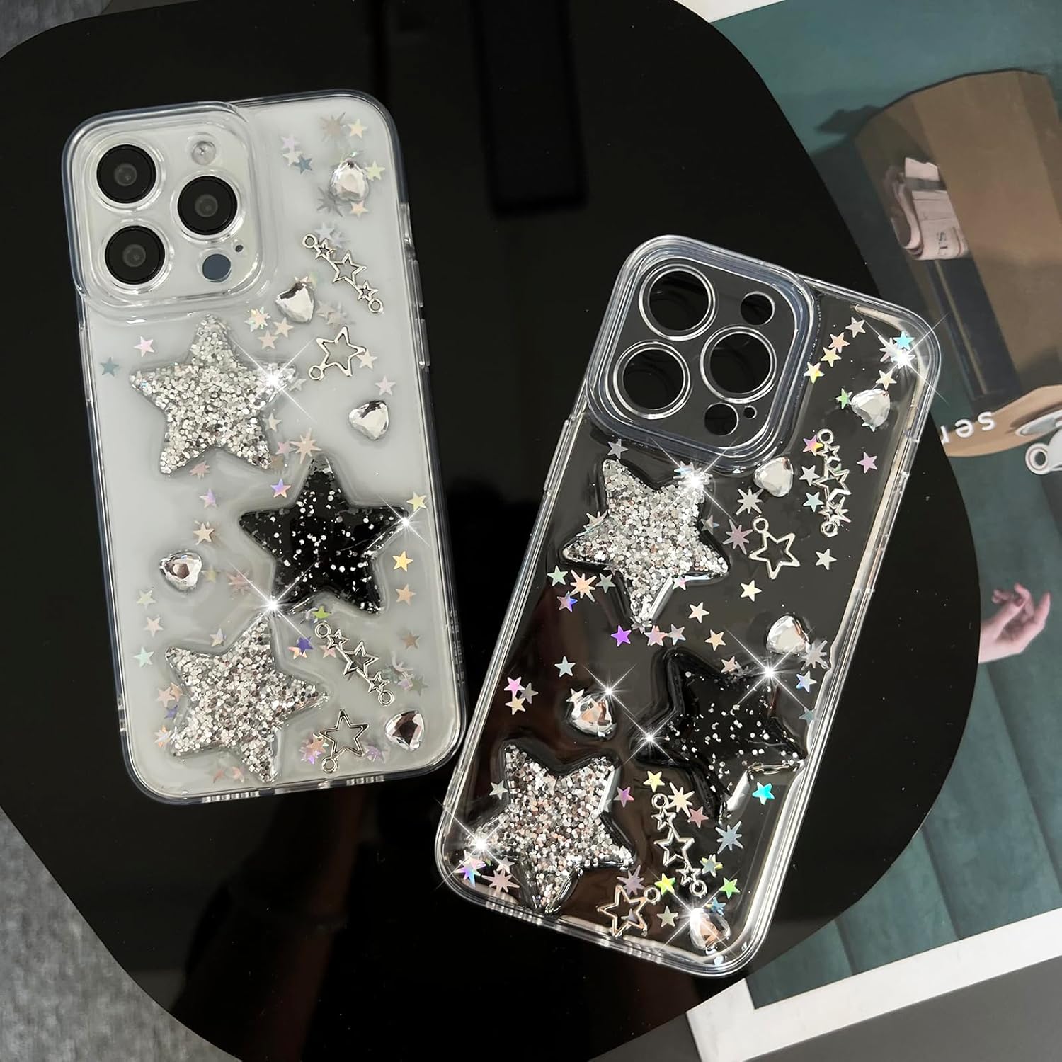 Funda compatible con iPhone 15, diseño de estrellas brillantes con purpurina 3D, bonito diseño de diamantes para niñas y mujeres, funda protectora