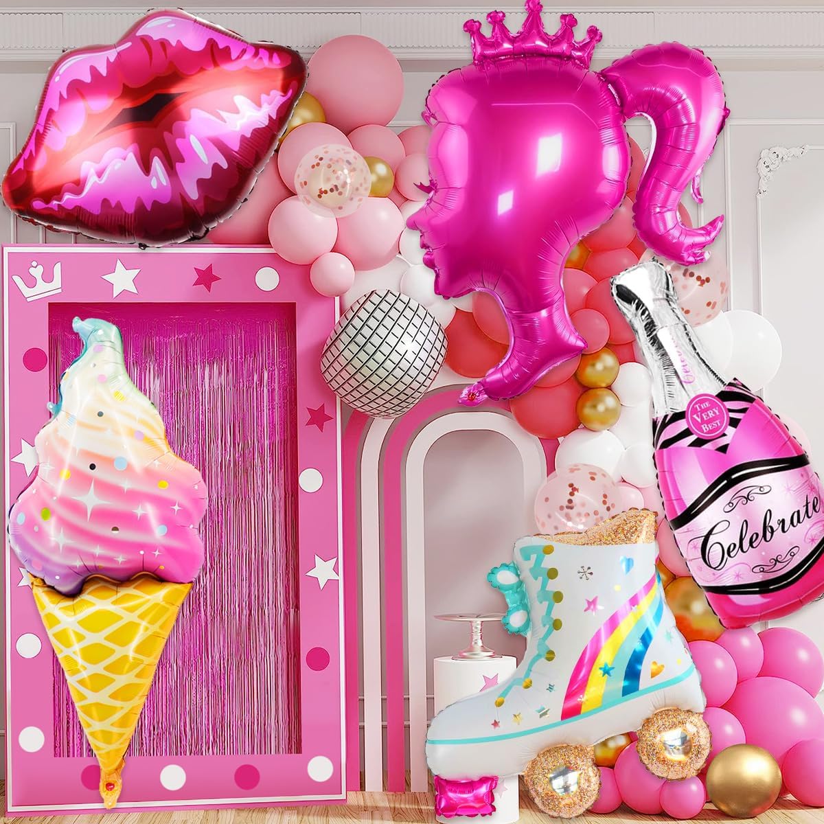El kit de arco de guirnalda de globos rosas de 126 piezas incluye 5 globos estilizados rosa intenso niña rosa princesa princesa fiesta temática