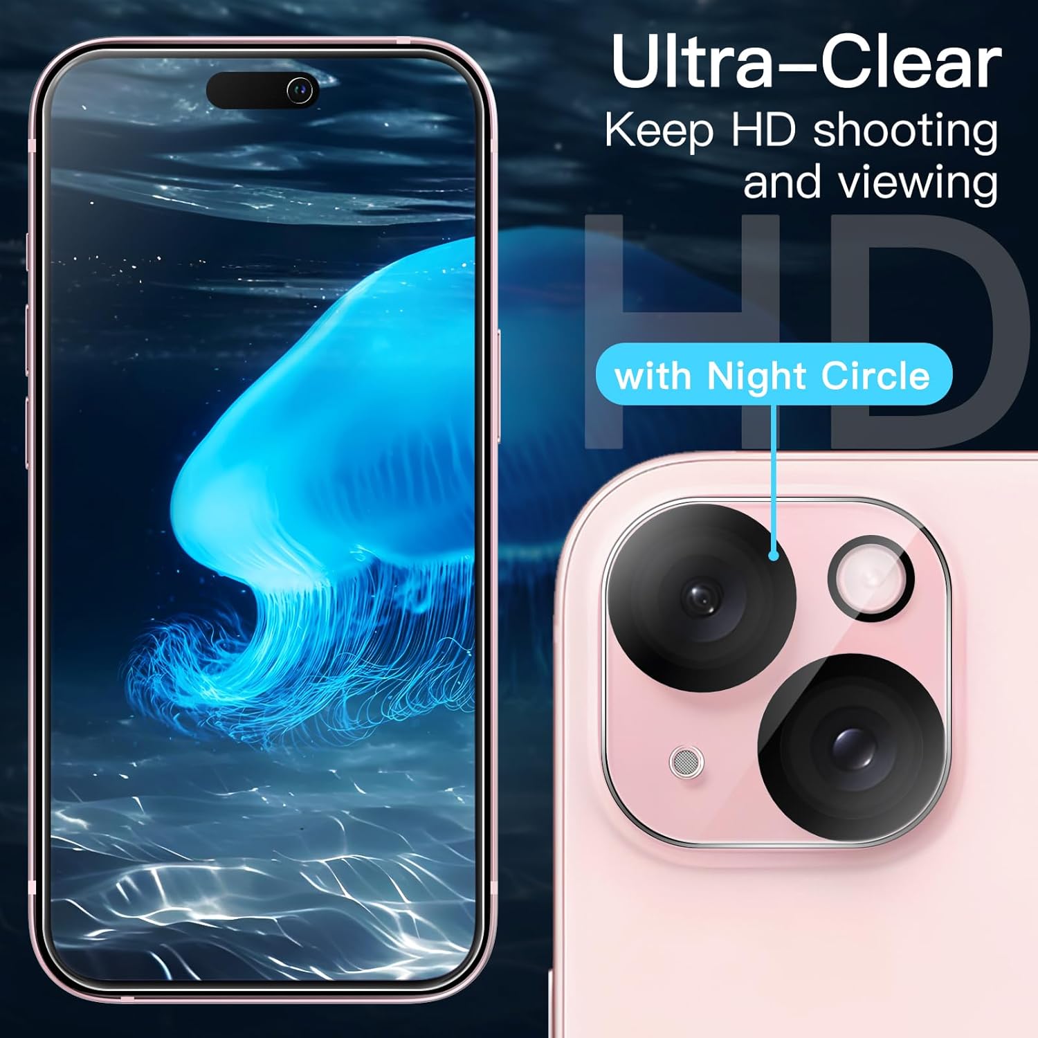 JETech Protector de pantalla para iPhone 15 de 6.1 pulgadas con protector de lente de cámara, herramienta de fácil instalación, película de vidrio