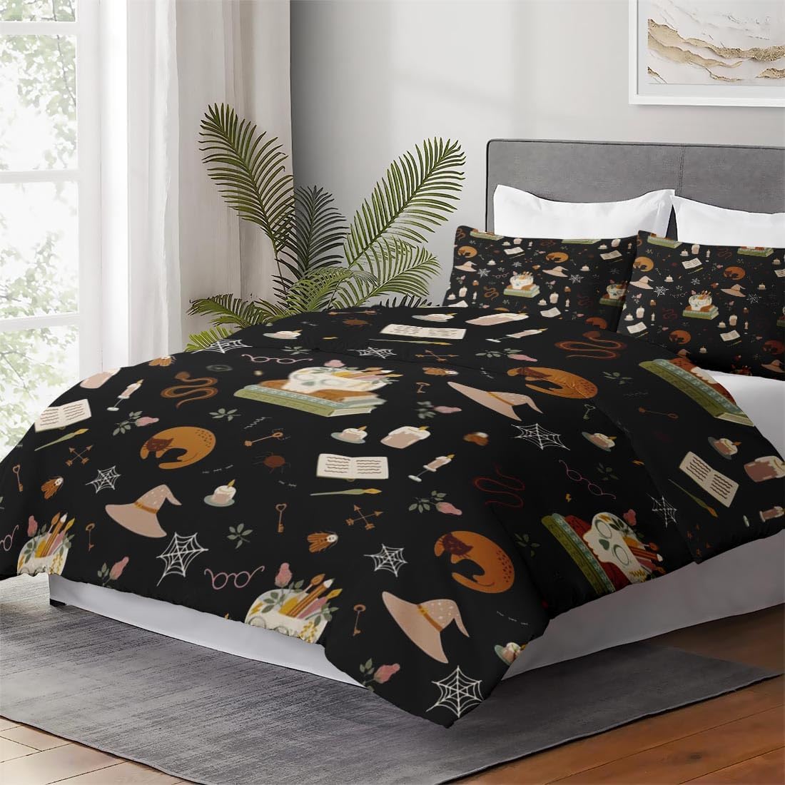 Juego de funda de edredón, juego de ropa de cama retro de bruja con polilla de gato para niños y adultos, decoración de dormitorio, juego de funda
