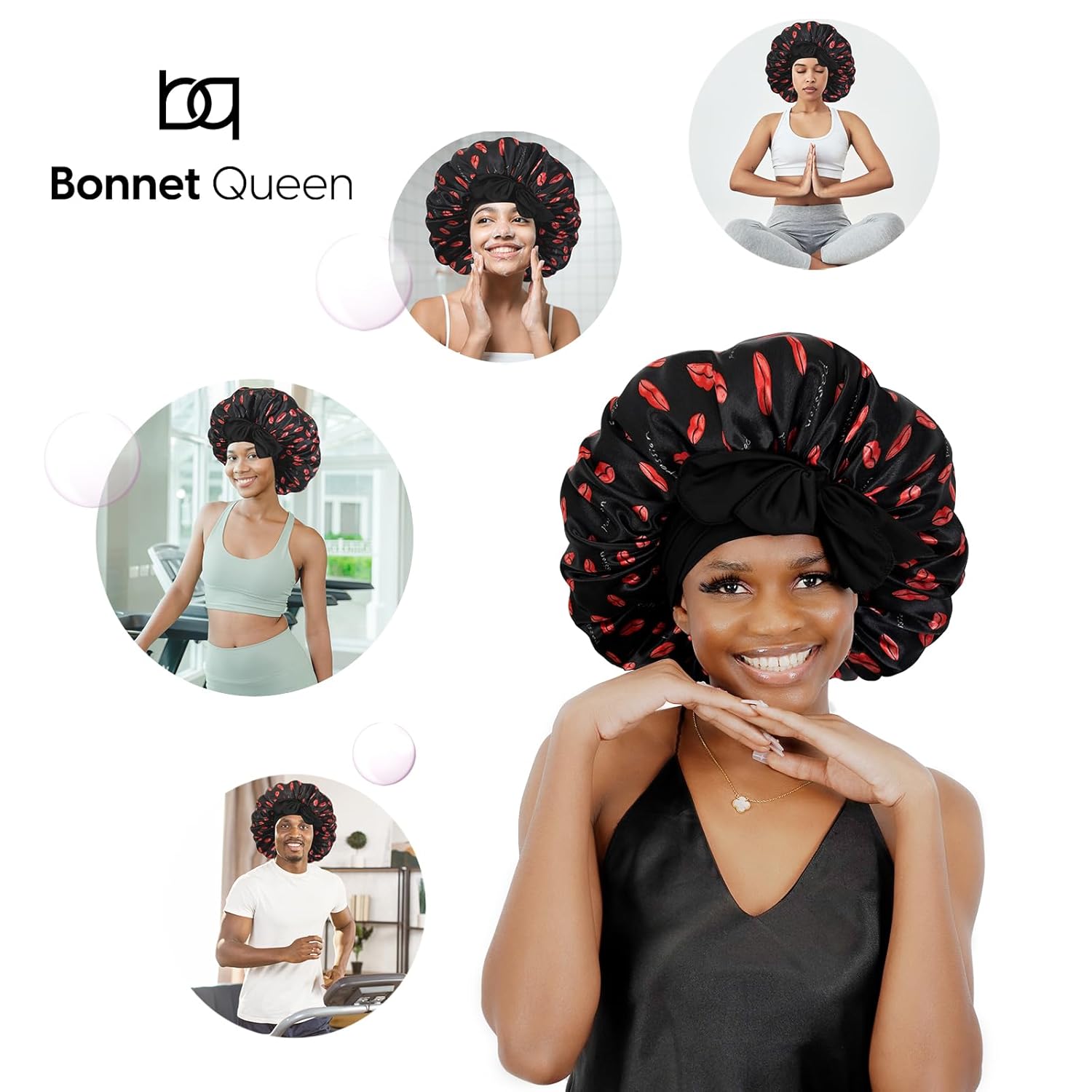 Bonnet Queen – Gorro de satén de seda ajustable para dormir, con banda de amarre ancha y elástica, envolvente, para mujeres de cabello largo, rizado