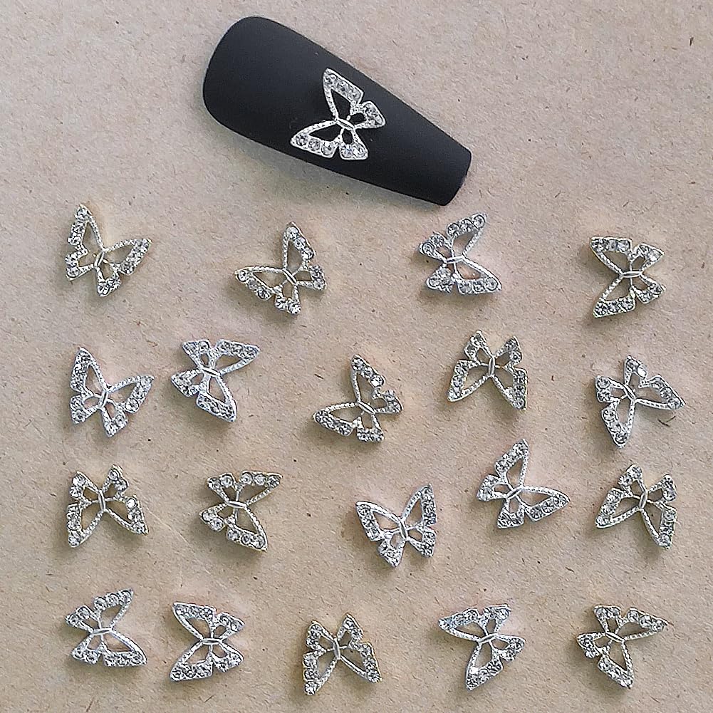 20 dijes de aleación de mariposa para uñas, gemas de mariposa de metal 3D, diamantes de imitación de uñas de cristal brillante para uñas acrílicas,