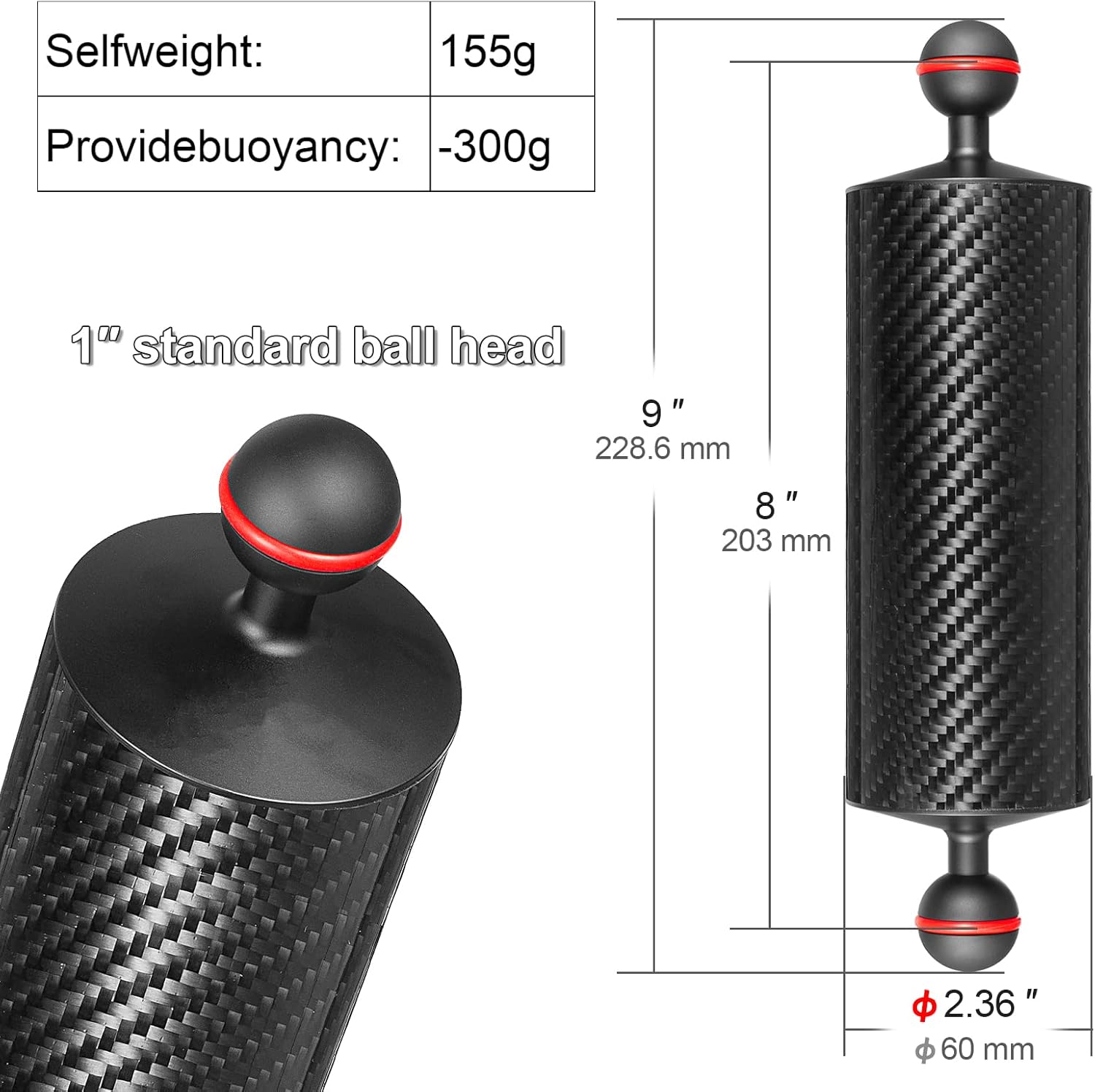 Soporte de bandeja de cámara subacuática y 2 piezas de brazo flotante submarino de fibra de carbono
