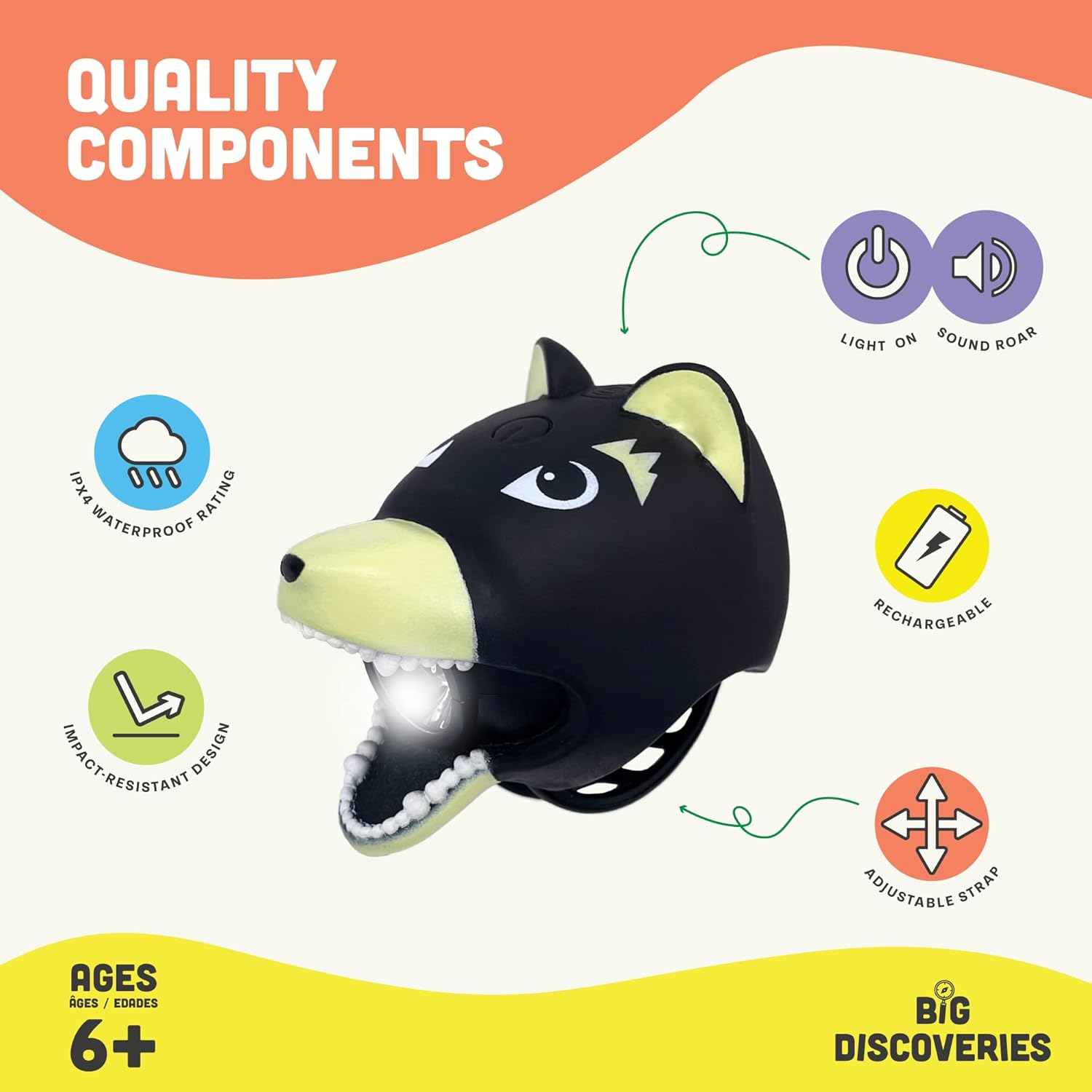 Big Discoveries Bear – Luz LED para bicicleta y scooter para niños con efectos de sonido realistas de rugido y campana, luz divertida y accesorio de