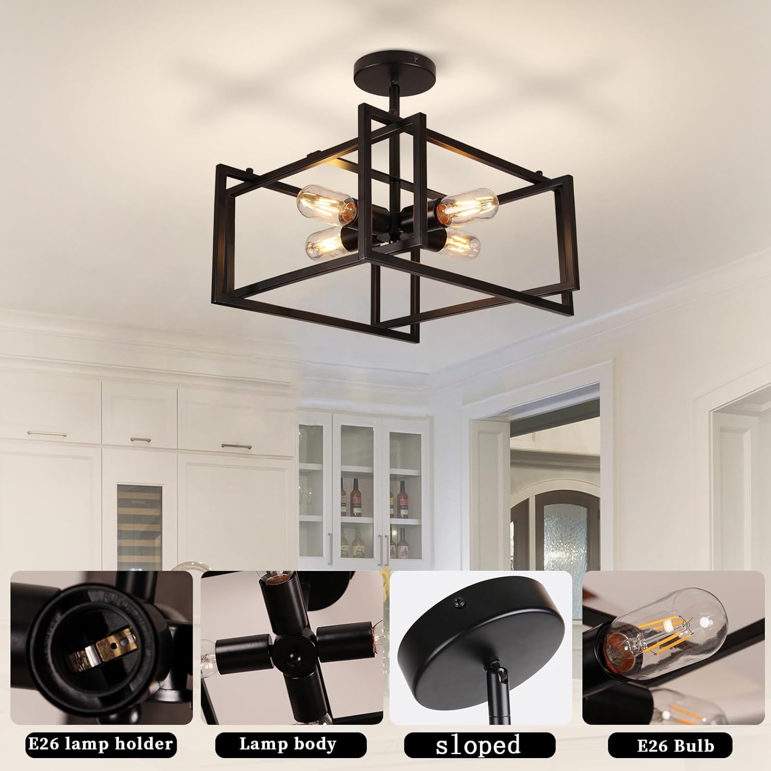 Lámpara de techo semiempotrada de 4 luces, color negro, industrial cerca del techo, lámpara de techo de metal para cocina, isla, comedor,