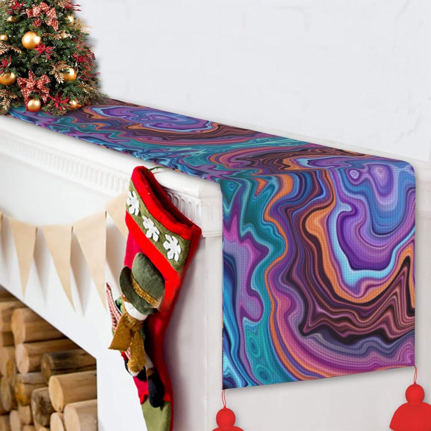 Camino de mesa de Navidad con acuarela de mármol líquido, decoración de mesa de comedor, decoración de Navidad, decoración de interiores del hogar,