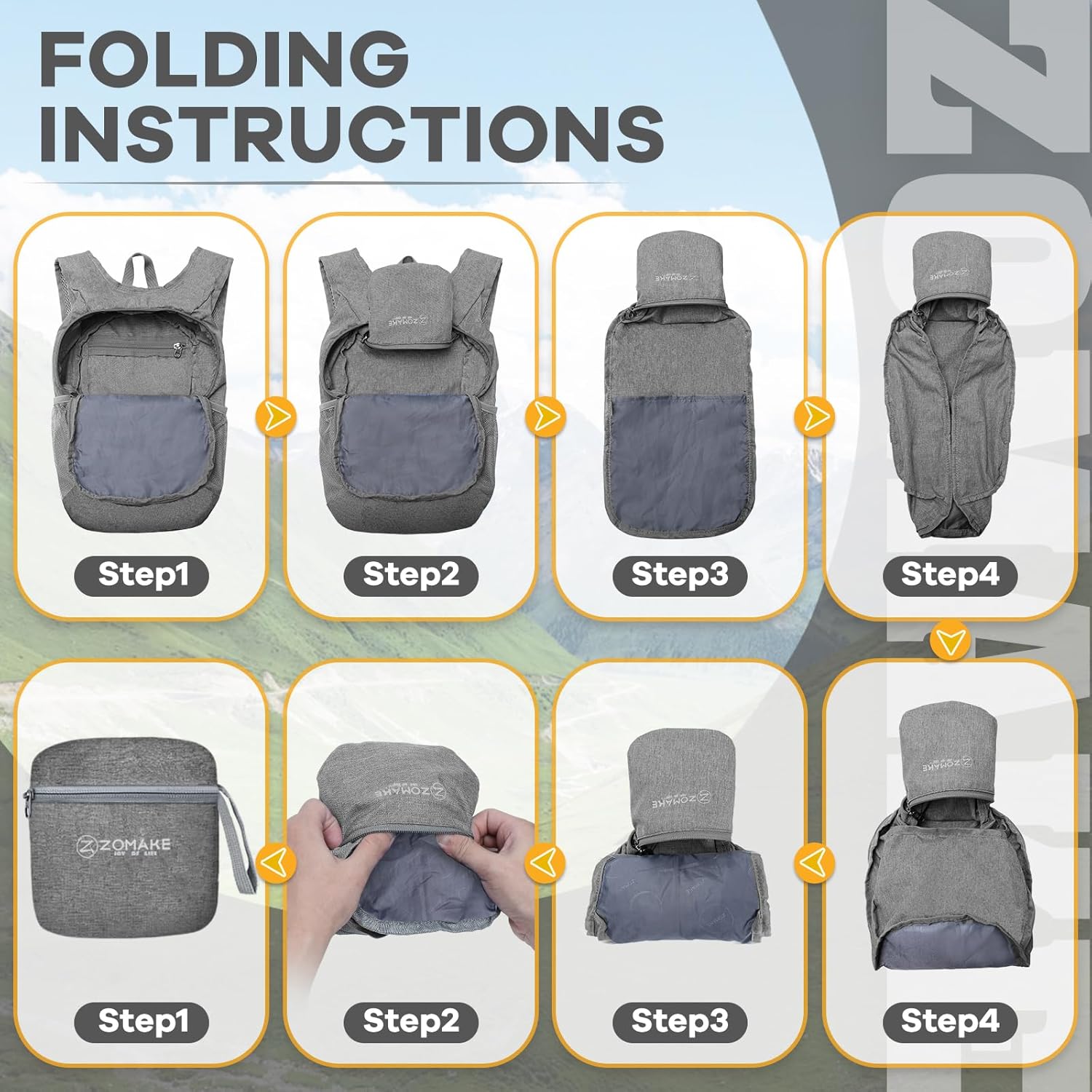ZOMAKE Mochila pequeña de senderismo plegable de 10 litros, mochila ligera para senderismo para viajes, resistente a desgarros, plegable, paquete de