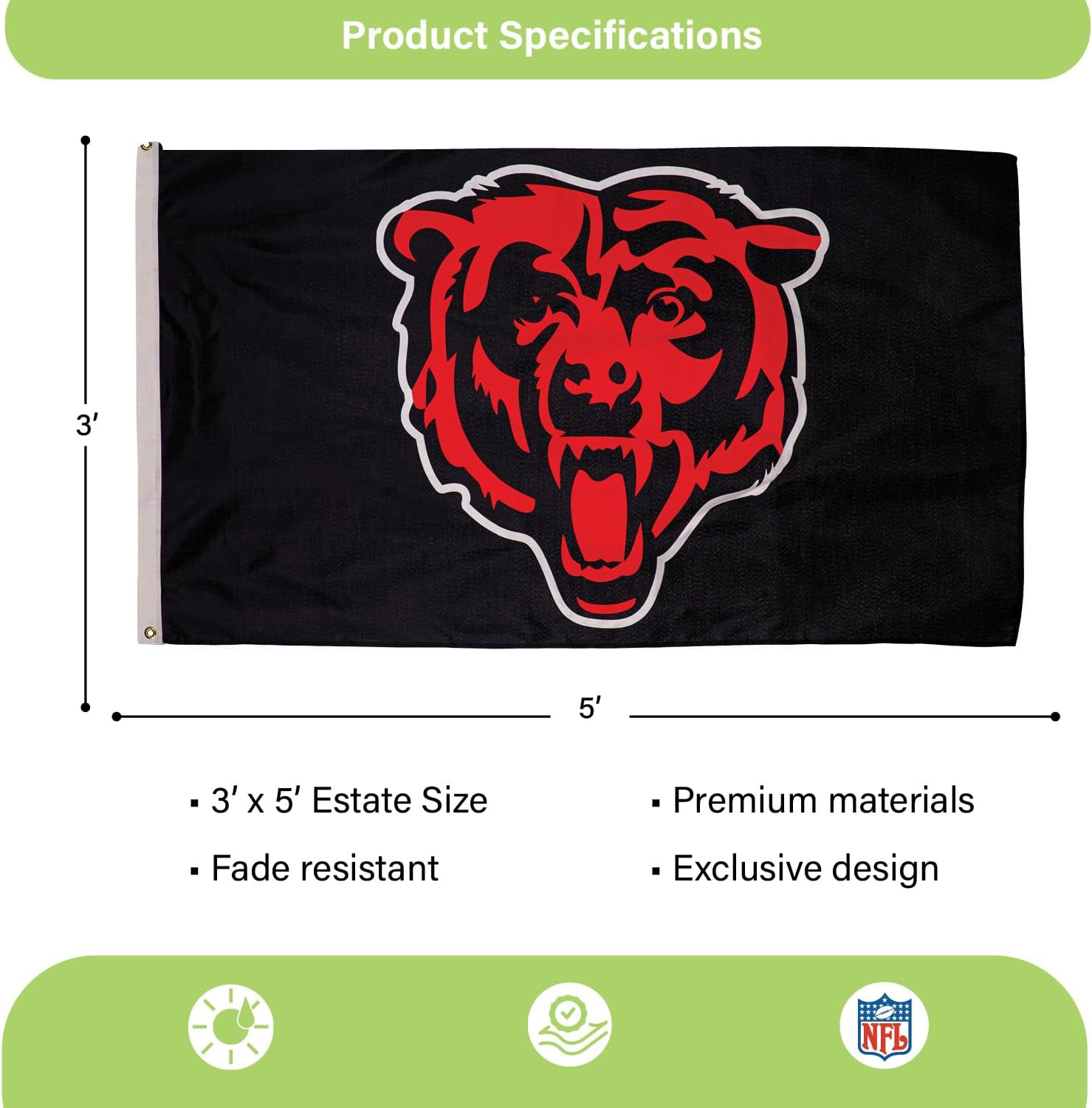 NFL Chicago Bears – Bandera duradera de 3 x 5 para exteriores con ojales, bandera y pancarta resistentes para jardín al aire libre y patio, bandera