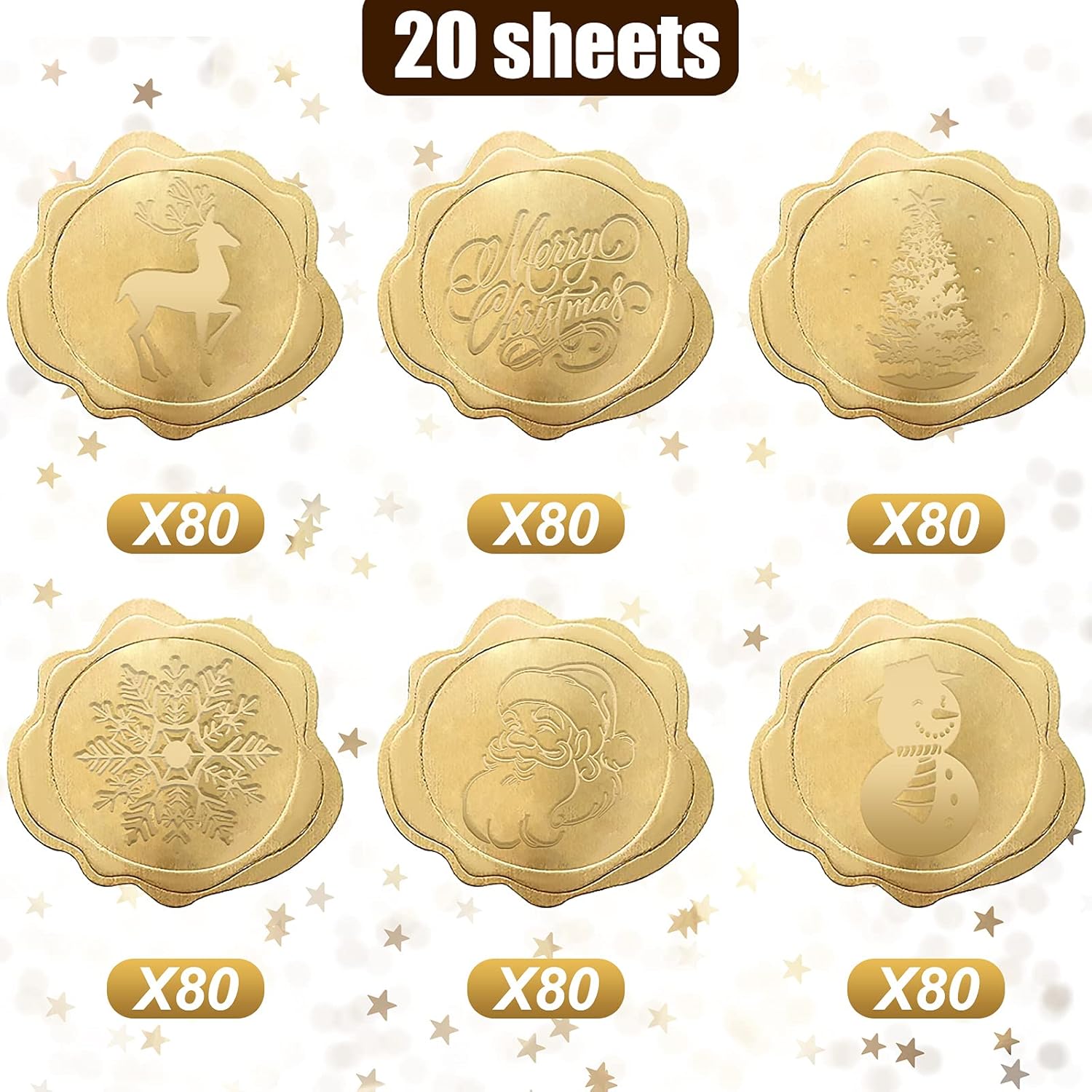480 calcomanías de sobres de Navidad, calcomanías de papel dorado en relieve, calcomanías de sellos de cera, calcomanías adhesivas de flores para