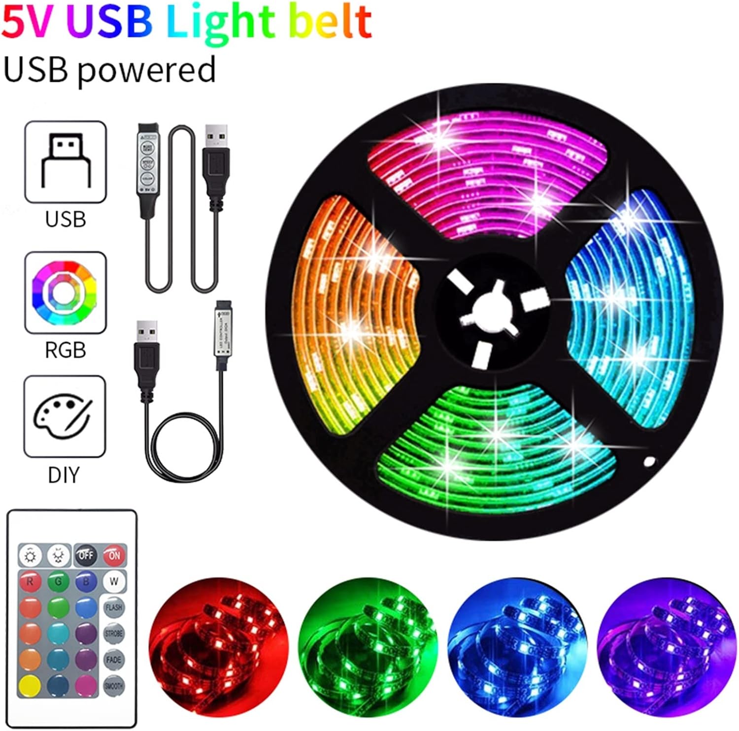 Accesorios de decoración LED, tira de luces LED de 16.4ft, control infrarrojo USB, RGB DC5V 5050, cinta de lámpara flexible, diodo, fondo de TV,