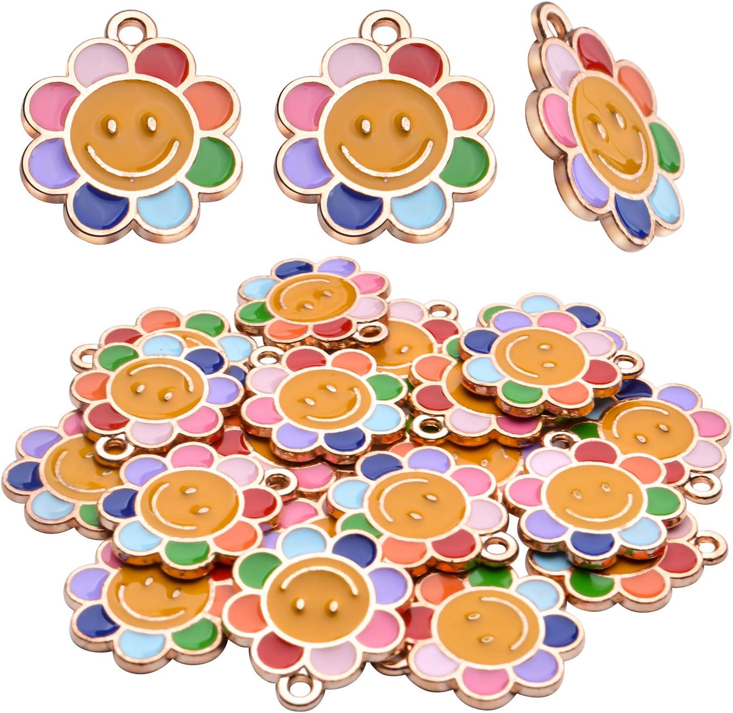 Aylifu Abalorios de flores esmaltadas, 20 piezas de margaritas con cara sonriente de margaritas, dijes de flores esmaltadas coloridas para