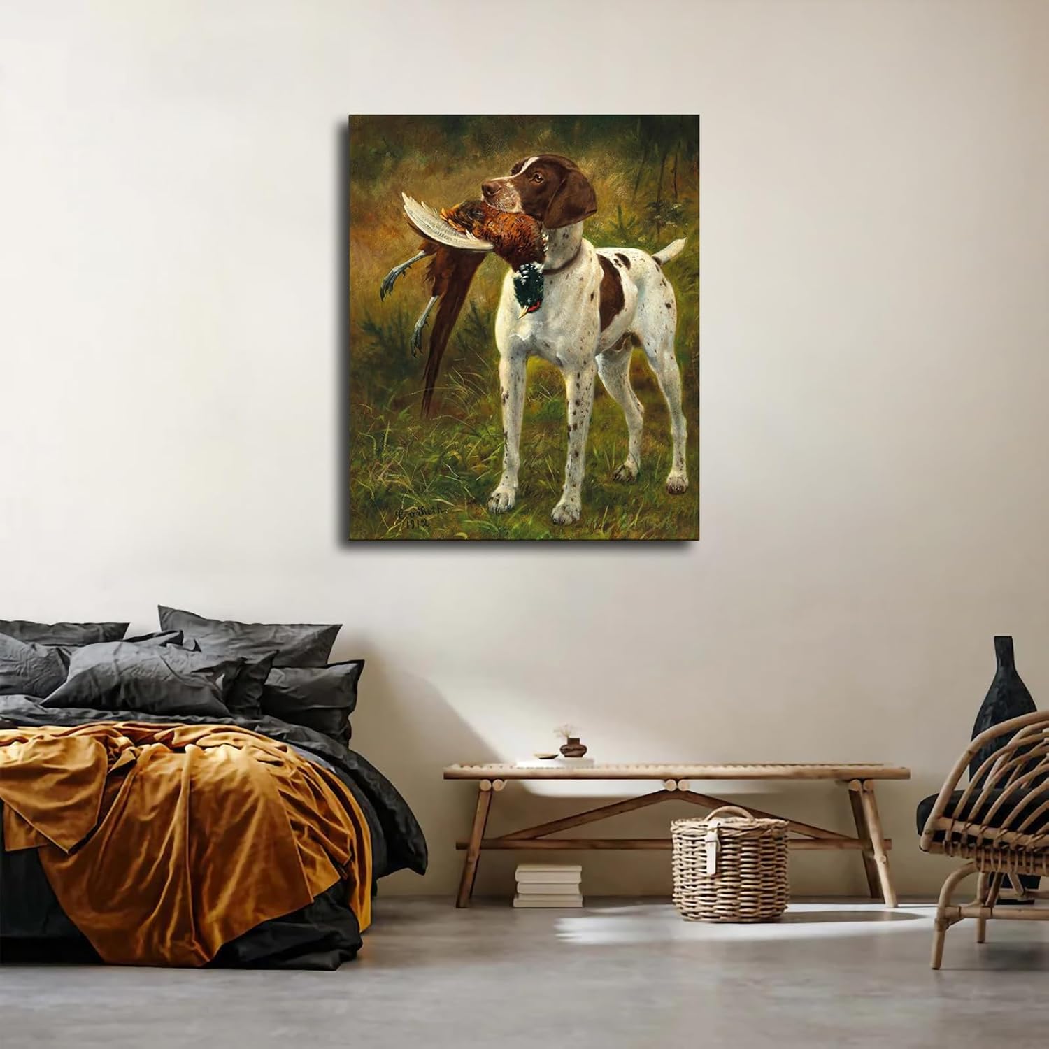 Póster impreso con texto en inglés “A Hunting Dog with a Pheasant” (Un perro de caza con un faisán) – Lienzo decorativo moderno para dormitorio