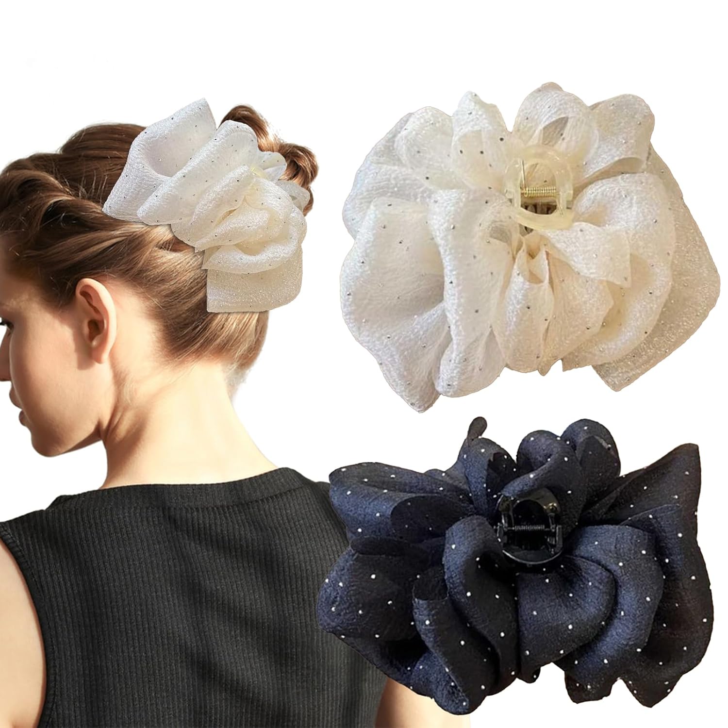 2 pinzas de lazo con diamantes de imitación, pinzas de burbujas de lazo de gasa con nube, garra grande para el cabello, pinzas florales grandes para