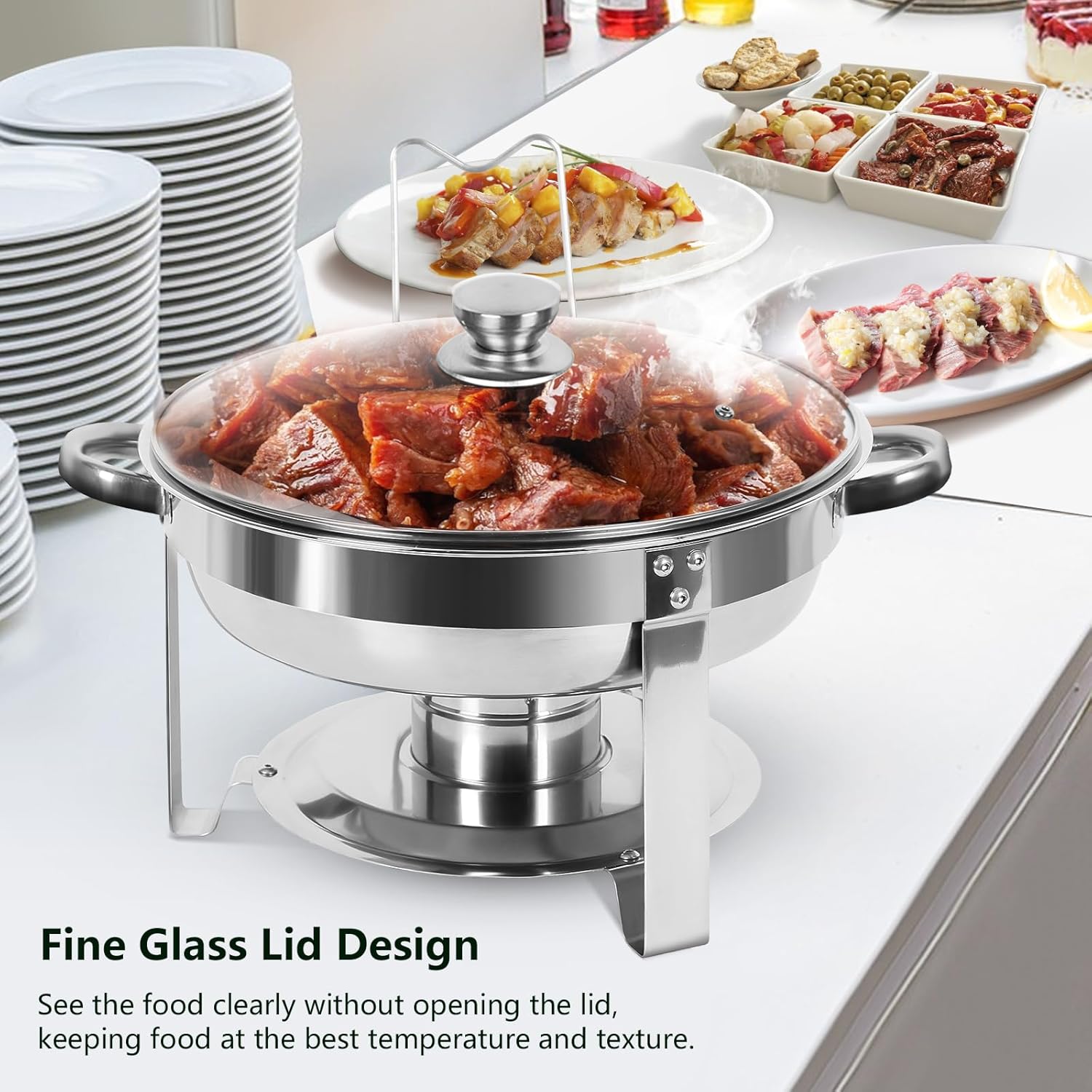 IMACONE Juego de 4 platos de bufé, de acero inoxidable redondo de 5 cuartos de galón para catering, juegos de chafers mejorados y calentadores de