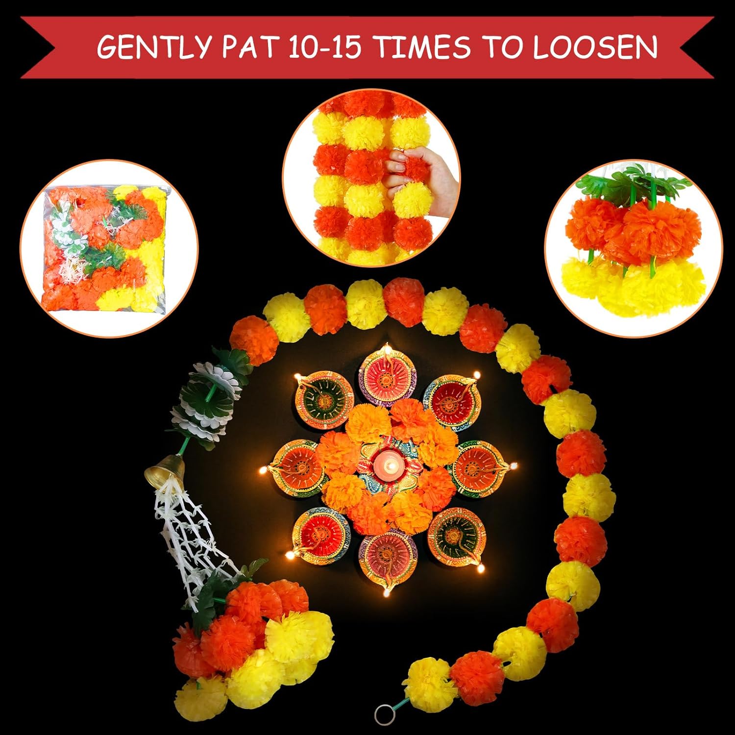 Paquete de 10 guirnaldas de caléndula de 5 pies de largo, flores de caléndula sintética, decoraciones de boda india, guirnalda de flores para Pooja