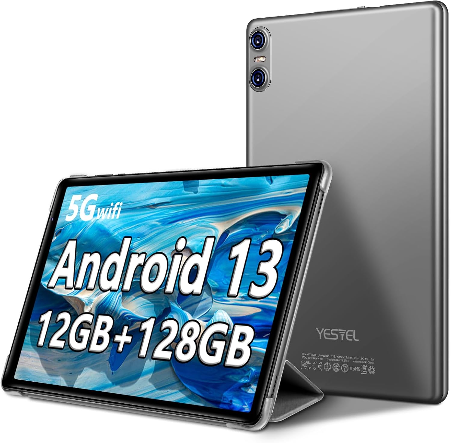 YESTEL Tablet Android 13 de 10.1 pulgadas con procesador Octa-Core, 12 GB de RAM+128 GB de ROM (expandir a 1 TB), pantalla IPS HD, WiFi, Bluetooth,