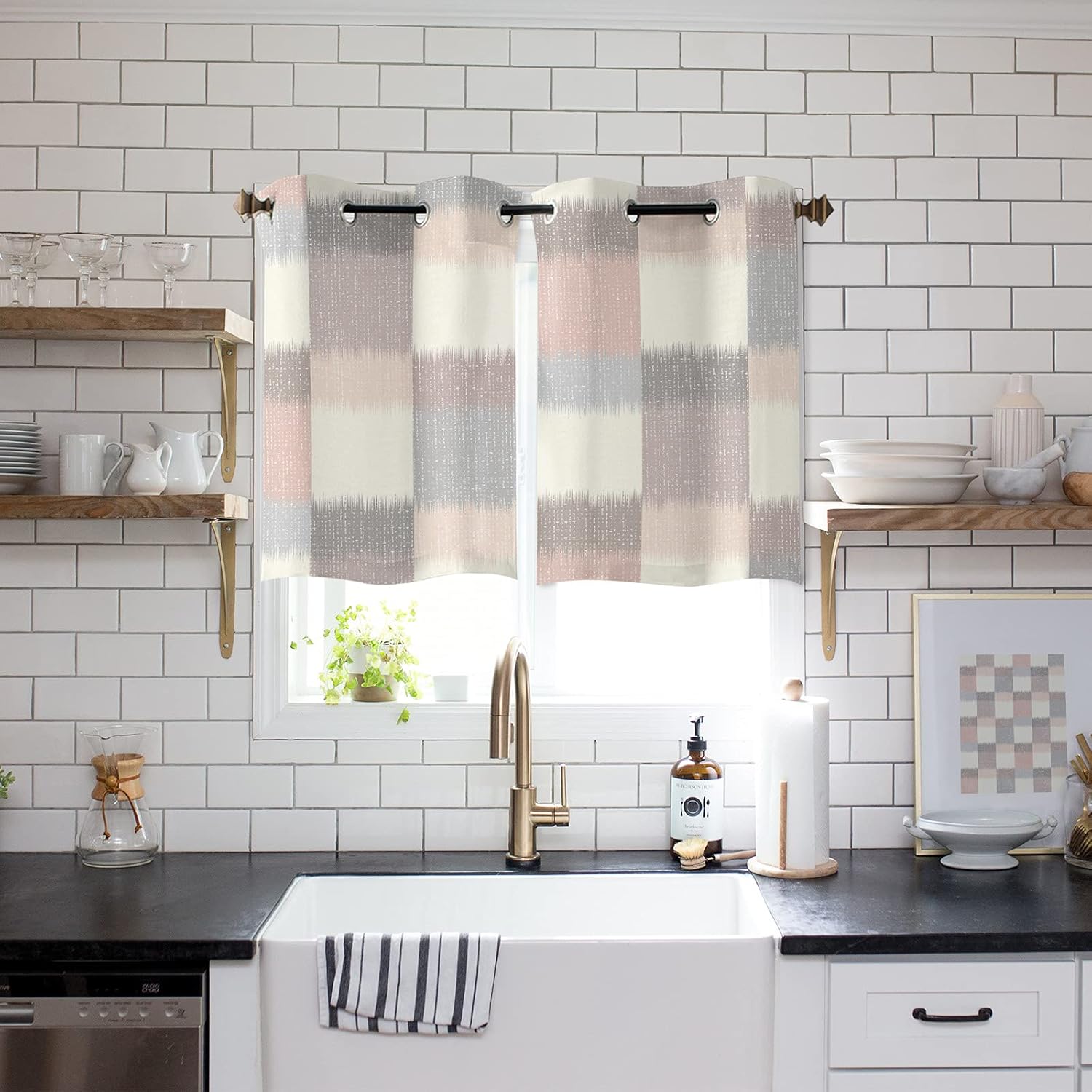 Libaoge Curtains Panels for Kitchen Modern Abstract Geometric Pink Window Curtains Light Filtering Grommet Top Drapes for Bedroom Closet-Set of 2
