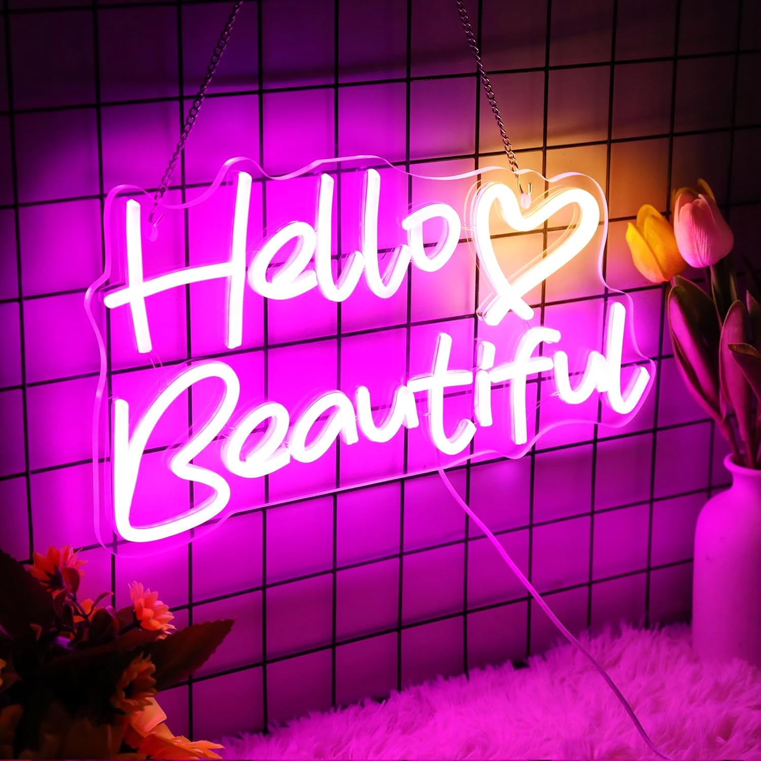 Neonawall Letreros de neón con texto en inglés Hello Beautiful, luz LED de neón para decoración de pared para despedida de soltera, cumpleaños,