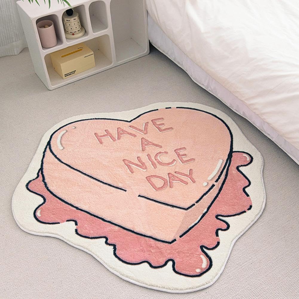 Alfombra de arte creativo irregular, alfombra de área estética irregular con forma de corazón rosa, alfombra en forma de pastel para sala de estar,