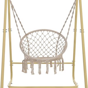 Merax Silla columpio hamaca con soporte, silla colgante resistente con borlas para dormitorio, interior, color beige Merax Silla columpio hamaca con soporte, silla colgante resistente con borlas para dormitorio, interior, color beige