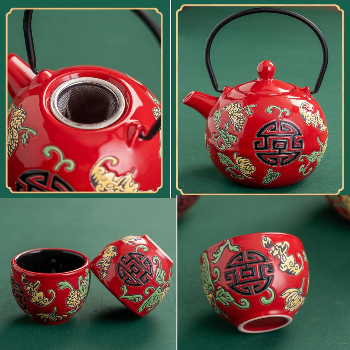 TANFEI Juego de té tradicional de cerámica china, juego de té para fiesta de ceremonia de boda, tetera de porcelana roja china con tazas de té y