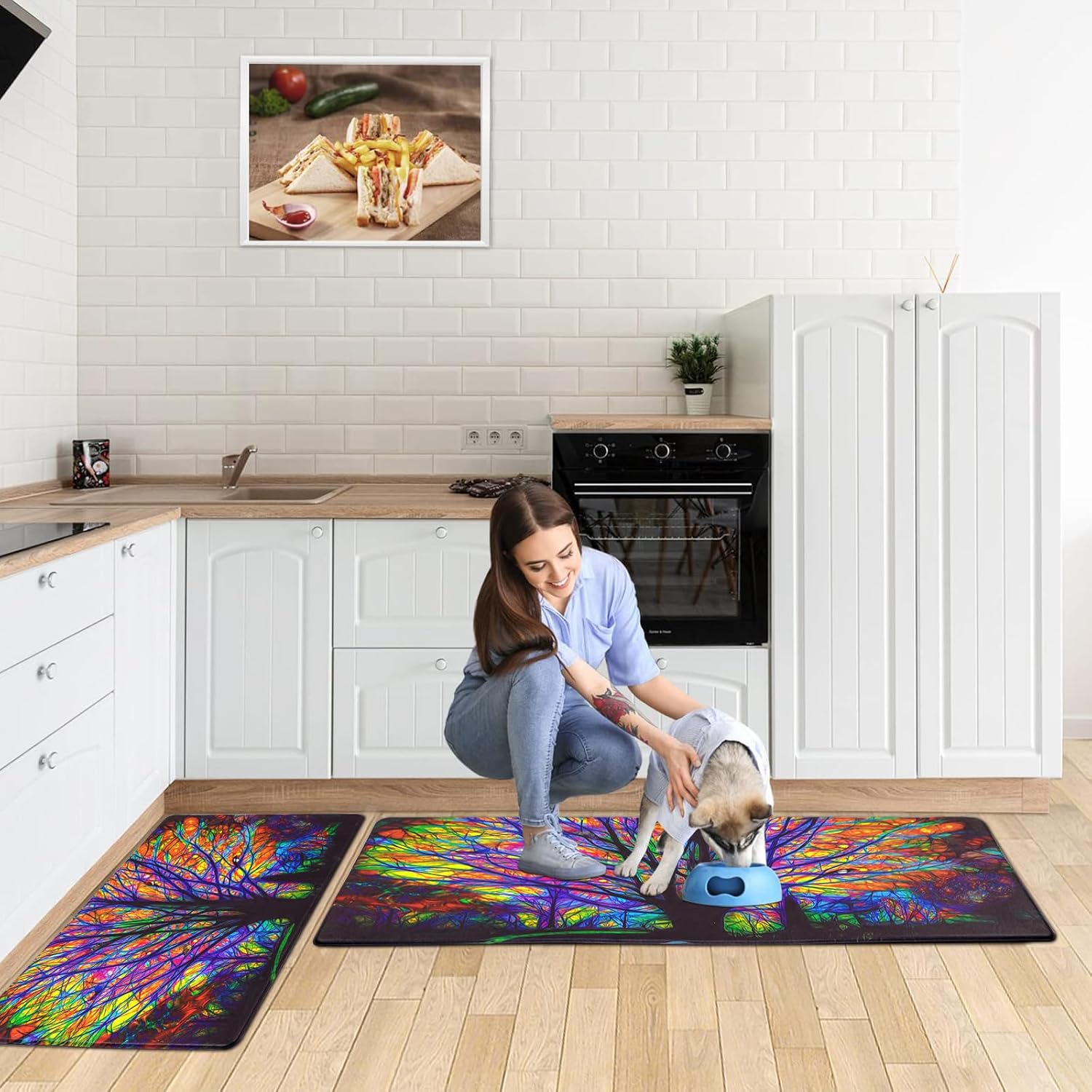 ASPMIZ 2 tapetes de cocina estilo casa de campo acolchados antifatiga, coloridos tapetes de cocina color morado árbol antideslizante, impermeable,