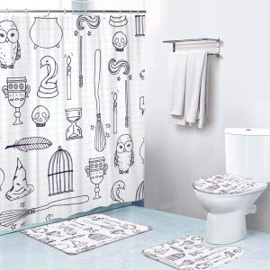 Juego de 4 cortinas de ducha con alfombras antideslizantes, cubierta para tapa de inodoro y tapete de baño, equipo de bruja, diseño de varita, Juego de 4 cortinas de ducha con alfombras antideslizantes, cubierta para tapa de inodoro y tapete de baño, equipo de bruja, diseño de varita,