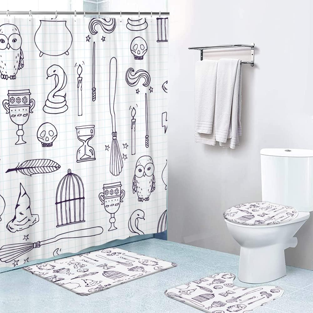 Juego de 4 cortinas de ducha con alfombras antideslizantes, cubierta para tapa de inodoro y tapete de baño, equipo de bruja, diseño de varita,