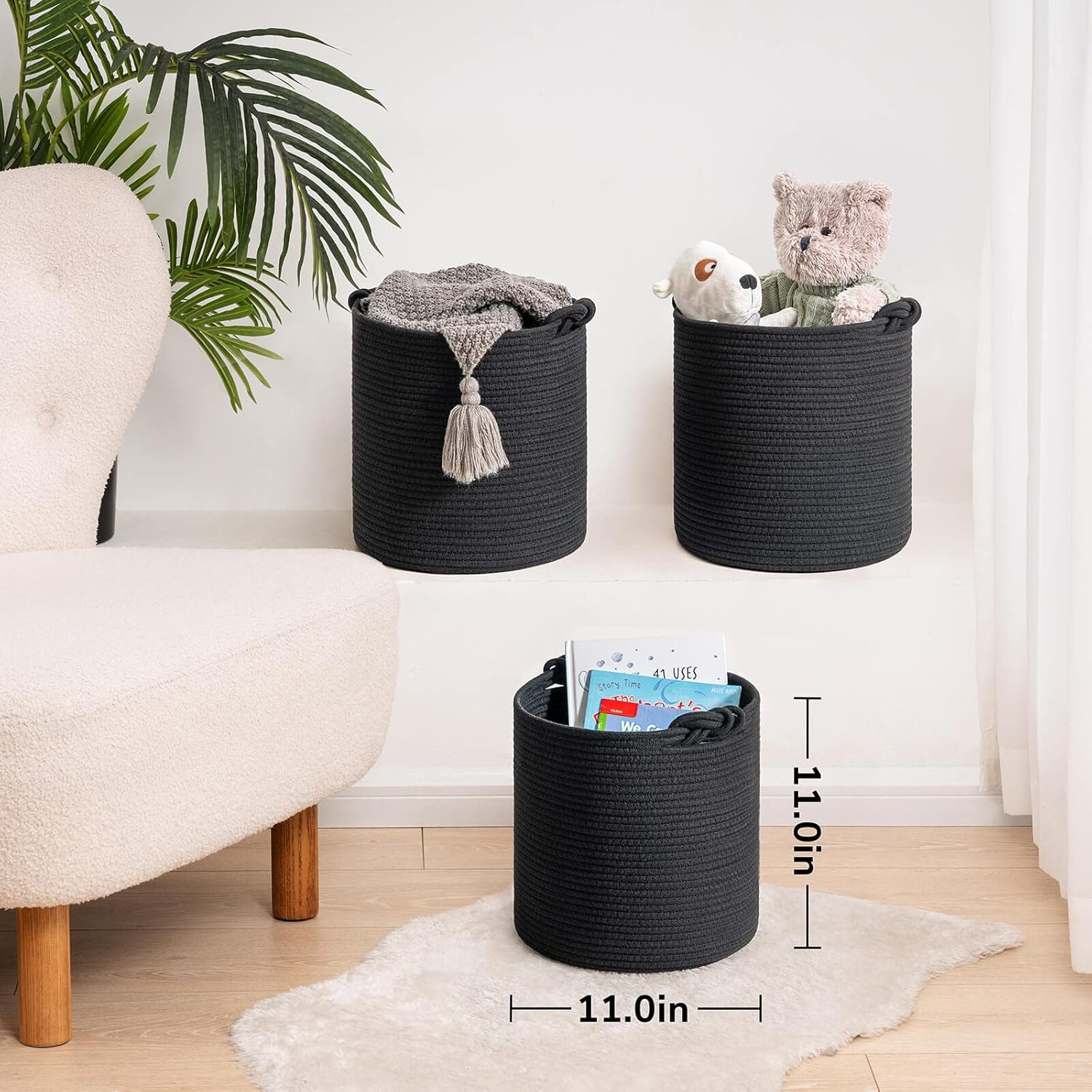 Goodpick Paquete de 3 cubos de almacenamiento de cuerda tejida para organización de armario y estantes, cestas redondas decorativas negras para