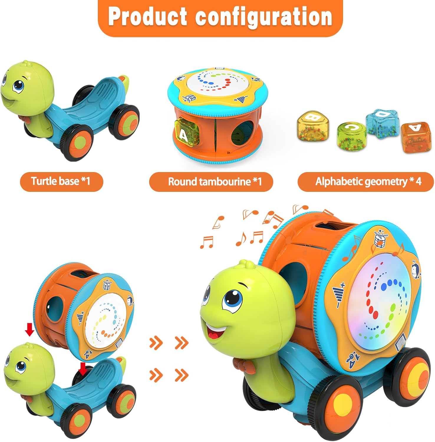 Juguete musical de tortuga para bebés de 6 a 12 meses, juguetes musicales para gatear con tambor de mano ligero y sonido, regalos educativos de