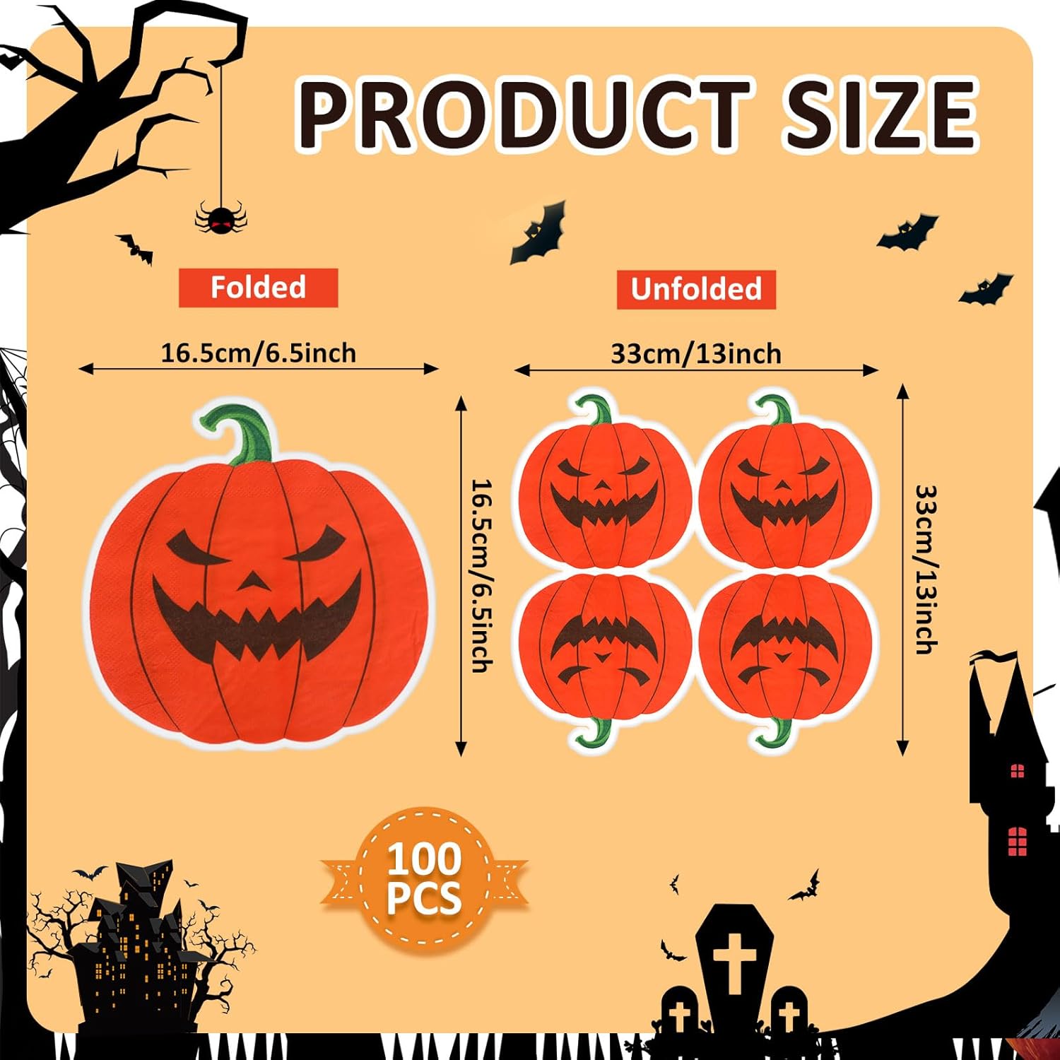 Honoson 120 servilletas de fiesta de Halloween de 13 x 13 pulgadas, servilletas de papel de fantasma blanco de 3 capas de calabaza de Halloween,