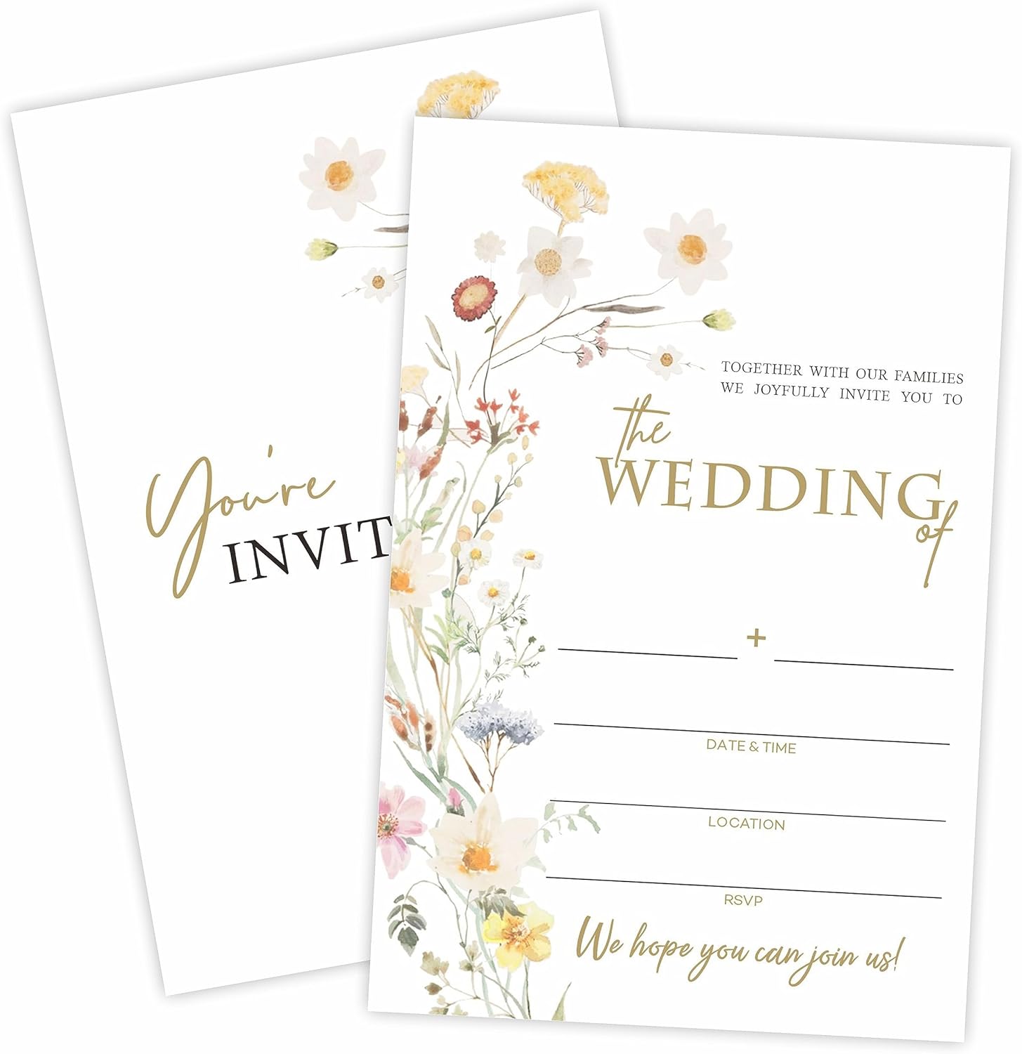 Invitaciones de boda florales, 25 invitaciones de boda de flores silvestres bohemias con sobres, invitaciones de estilo de relleno de doble cara
