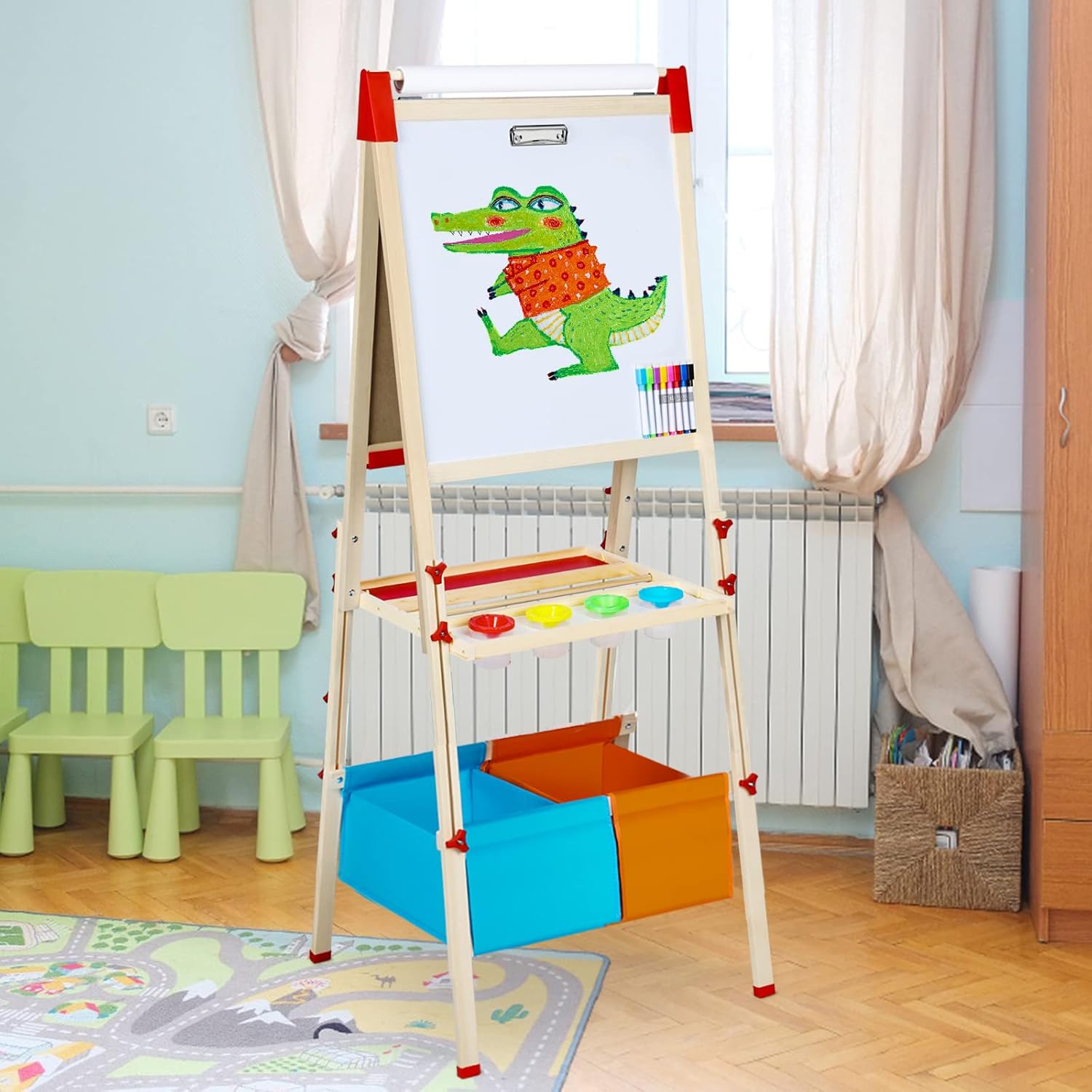 RenFox Caballete para niños, caballete de arte ajustable para niños, más de 140 accesorios, pizarra magnética de borrado en seco de doble cara y