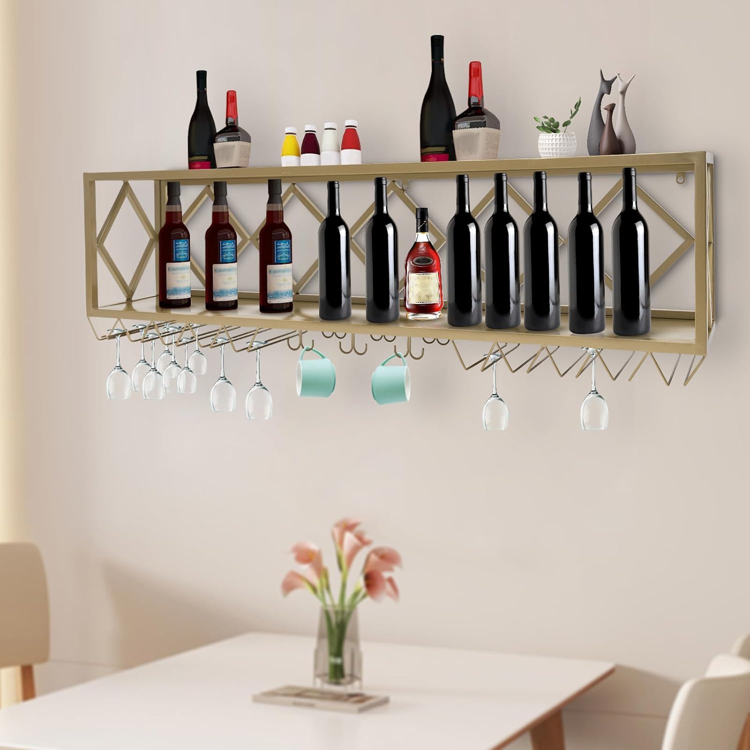 DUTTIETY Estante de vino rectangular montado en la pared del hierro dorado, Estante de vino montado en la pared industrial, Soportes montados en la