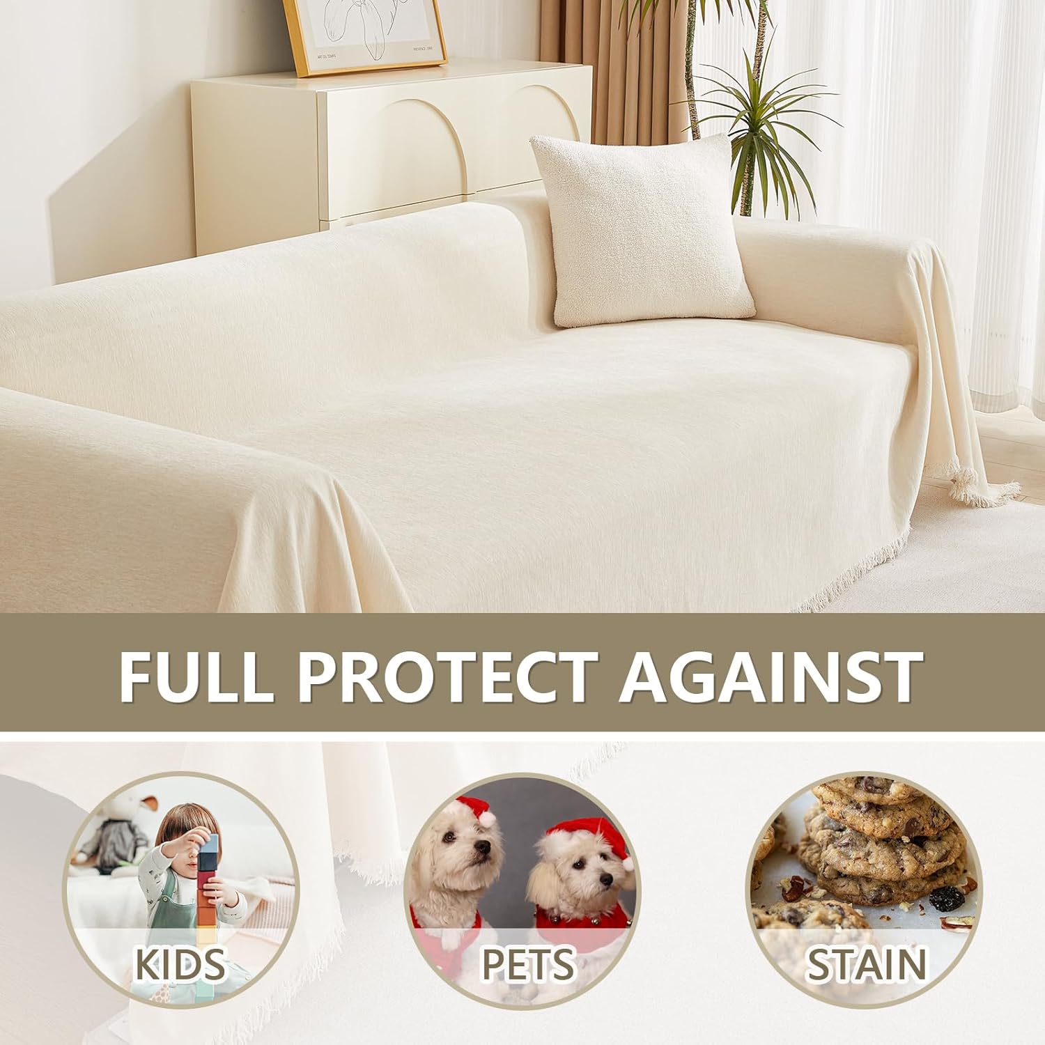 MYSKY HOME Funda de sofá biplaza, funda beige para sofá modular de 2 cojines, funda de sofá gruesa y universal de felpilla con borlas, protector