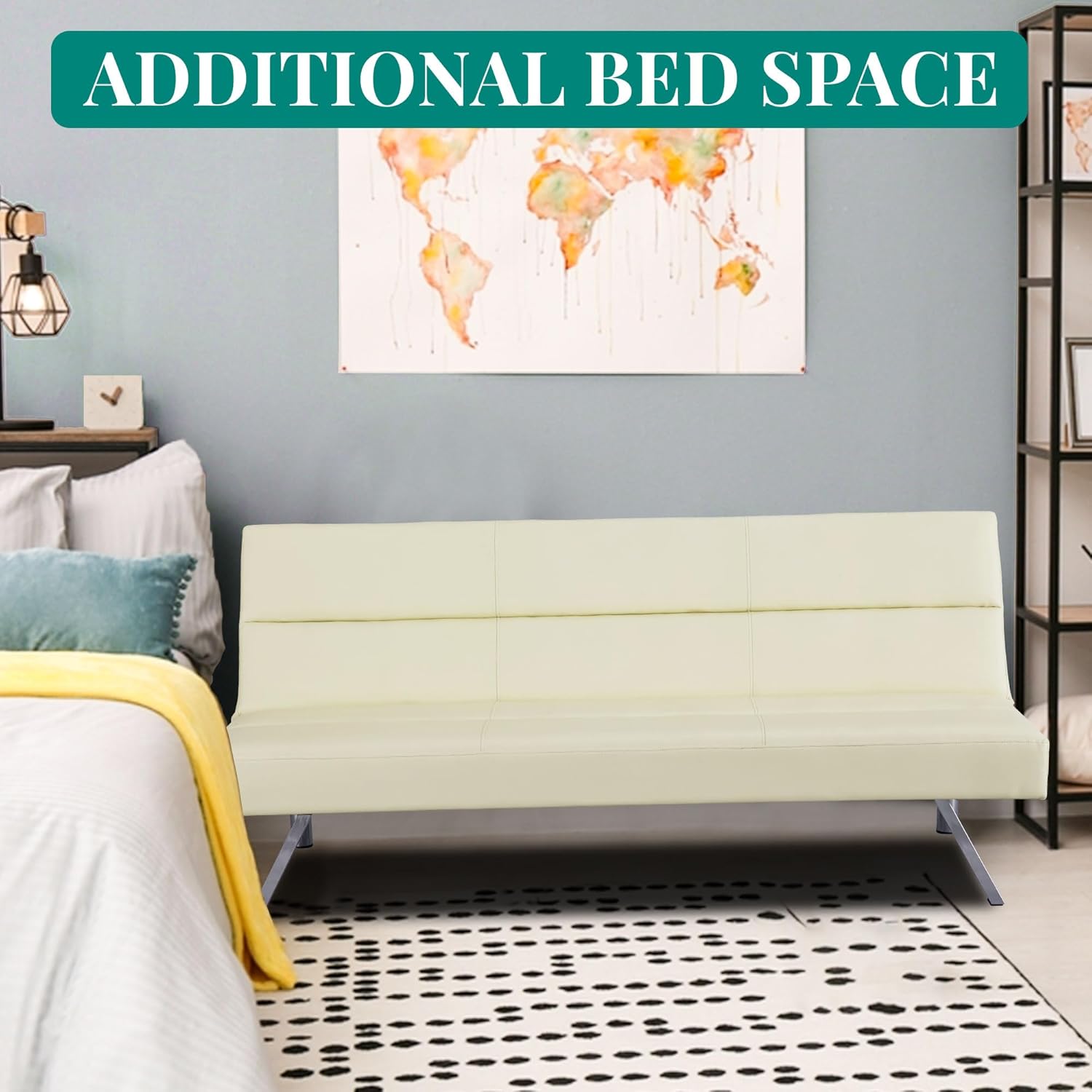 Naomi Home Sofá futón de piel sintética, moderno sofá cama plegable convertible con patas cromadas, mini sofá reclinable, futón de cuero pequeño