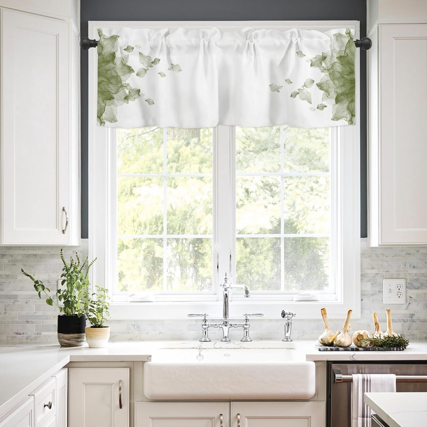 Artwork Store Curtain Valance for Window Kitchen Decor, Ombre Sage Green Flower 54″ x 18″ Window Treatment Curtains Topper Rod Pocket Valances for